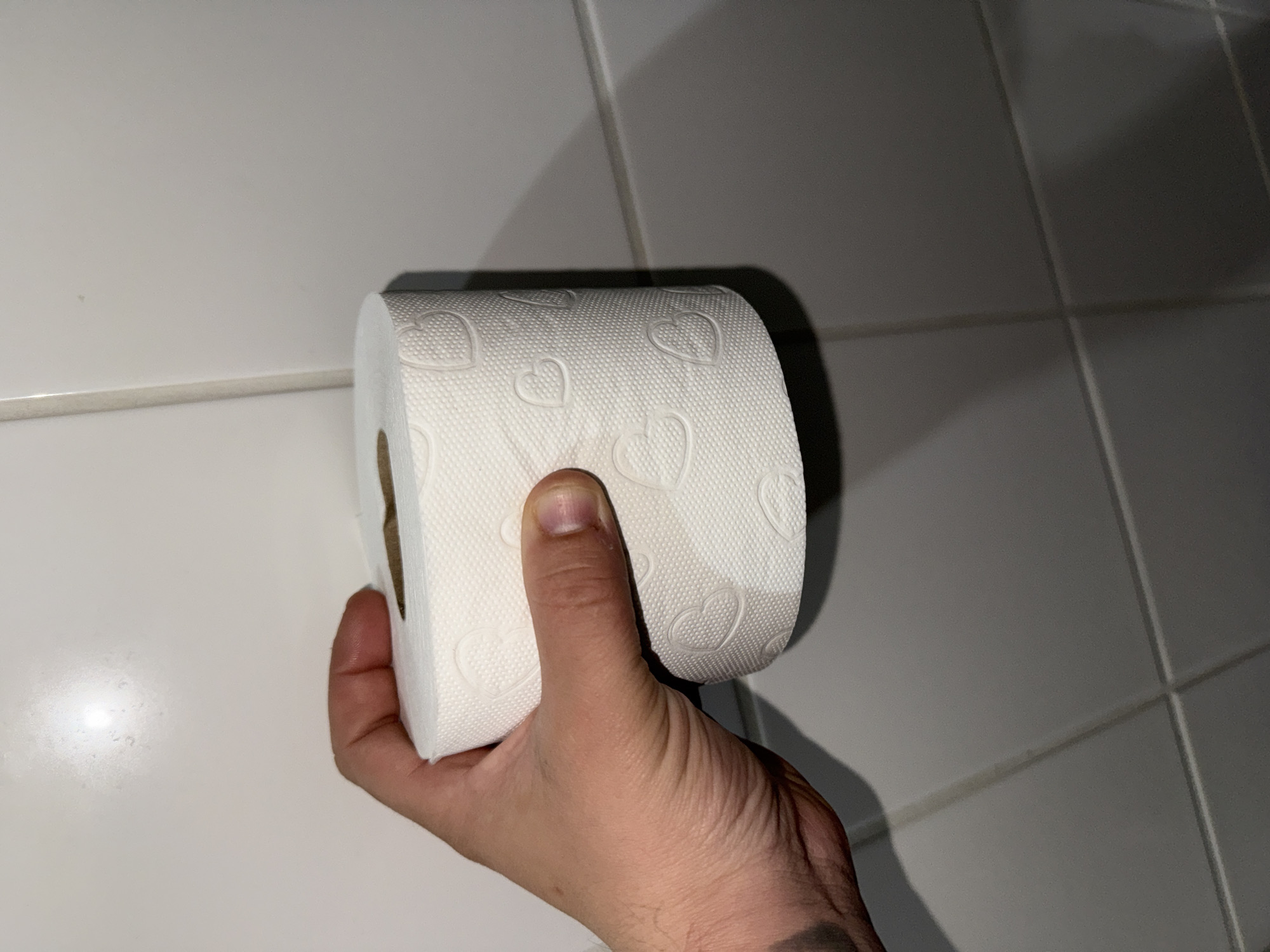 A hand is holding a roll of toilet paper in front of a tiled wall. The toilet paper has a pattern of embossed hearts. The tiles in the background appear to be white and gray. The image does not provide any information about the city of Delmenhorst, Germany.