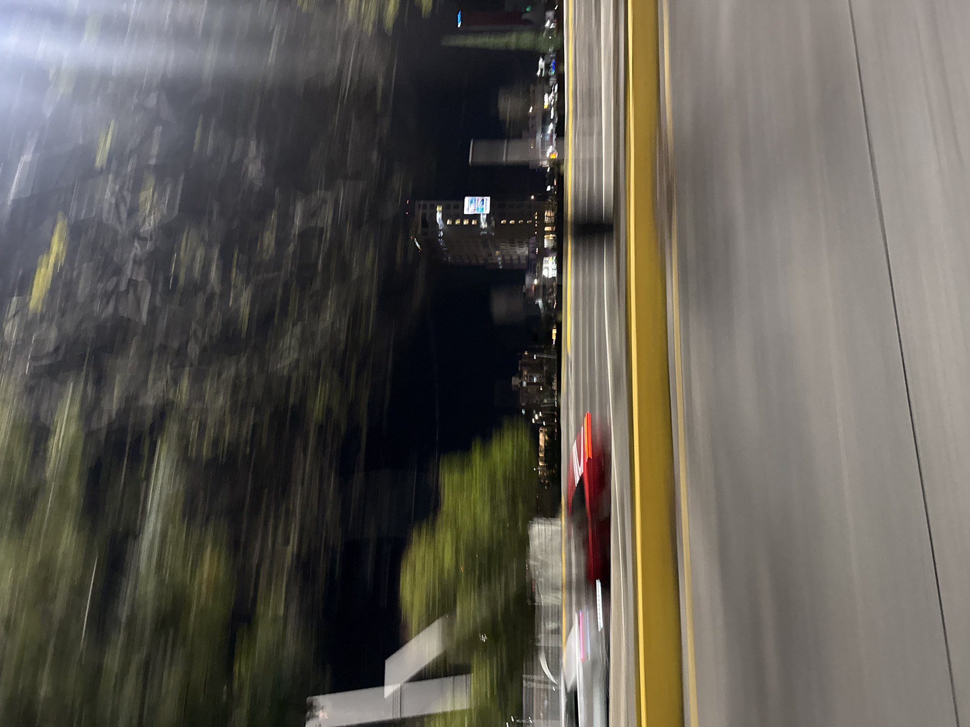 The image shows a blurred view from a moving vehicle at night in Puebla, Mexico. On the right is a blurred grey asphalt road with yellow lane markers. To the left of the road is a blurred landscape including buildings, streetlights, and trees. A red object appears to be near the roadside.