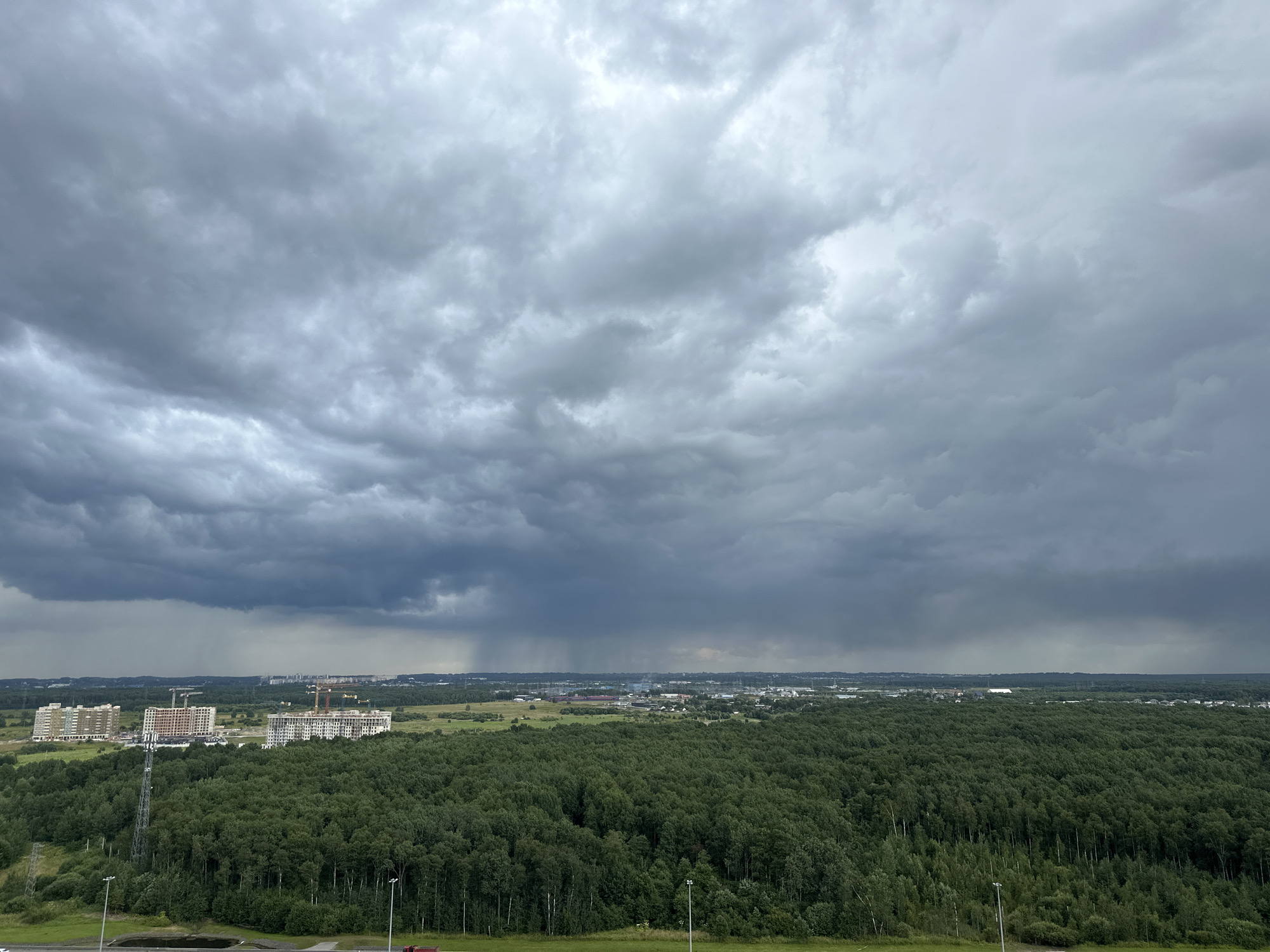 The image is an aerial view of a suburban or semi-rural landscape under a heavily overcast and stormy sky. Dark, heavy clouds dominate the upper portion of the frame, with visible streaks of rain falling in the distance, suggesting an ongoing downpour.
In the mid-ground, a dense, green forest stretches across much of the landscape. Beyond the forest, several construction sites with partially built apartment buildings and cranes are visible. These buildings appear to be modern, multi-story residential complexes. Further in the distance, a town or city skyline is visible, with various structures and possibly industrial elements.
The foreground shows a paved road or pathway with streetlights. The overall atmosphere is somber and indicative of inclement weather. The location is identified as Novosergievka, Russia, and the scene depicts a developing or ongoing weather event impacting the outskirts of the town, characterized by urban expansion juxtaposed with natural forested areas. There are no visible people in the image.