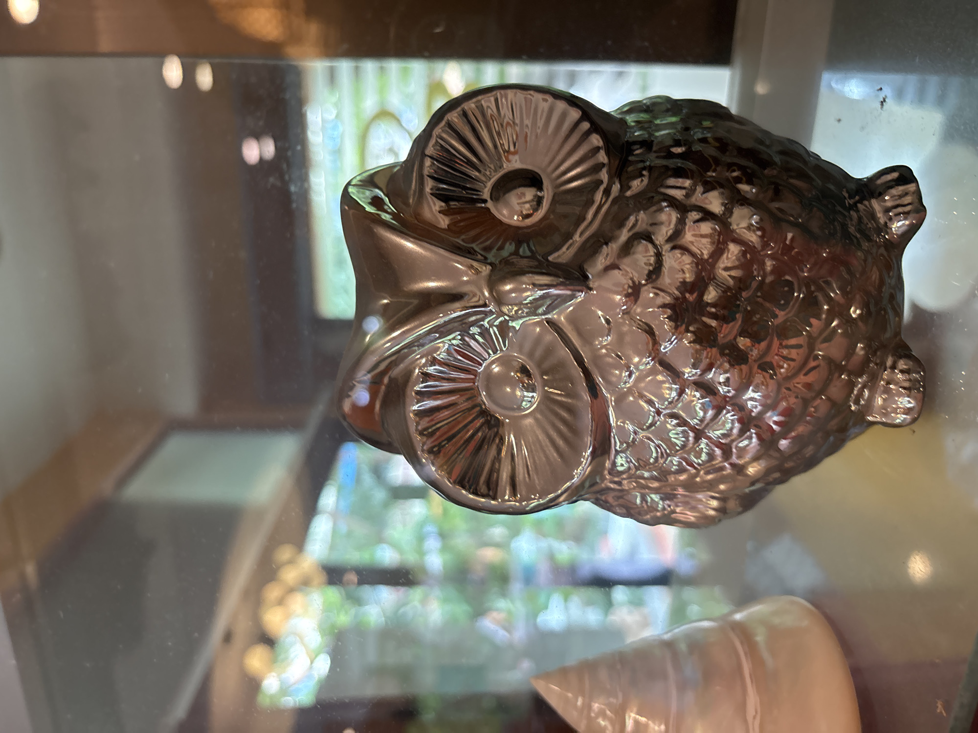 A metallic owl figurine sits on a glass surface, possibly a shelf or table, in Chalong, Thailand. The figurine is in focus, with its textured feathers and large, circular eyes clearly visible. Behind the owl, a blurry background suggests an indoor environment with natural light filtering through a window, illuminating a green, leafy scene. The light creates reflections on the glass surface and the metallic owl, adding a glossy sheen to the object. To the left of the owl, a portion of a pale, conical object is visible, also on the glass surface. The overall scene appears to be a still life arrangement, likely in a domestic or commercial setting within Chalong.