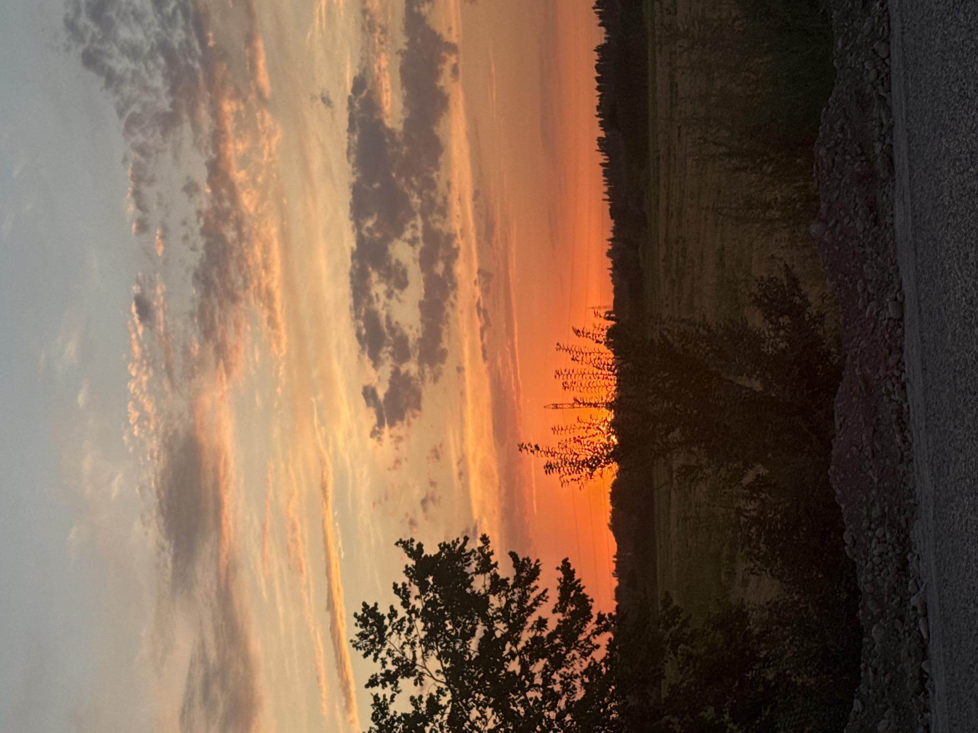 This is a photograph of a sunset over a rural landscape, taken from a road. The sky is filled with vibrant oranges, pinks, and yellows, with scattered clouds. In the foreground, there is a dirt road with a pile of gravel on the left. Silhouetted trees and vegetation are visible on the left and right sides of the image. In the middle ground, there is a field and a line of trees in the distance. The sun is setting behind the trees, casting a warm glow over the scene. The image does not depict any specific landmarks or recognizable features of Drujba, Kyrgyzstan, making it impossible to ascertain the exact location within the city.