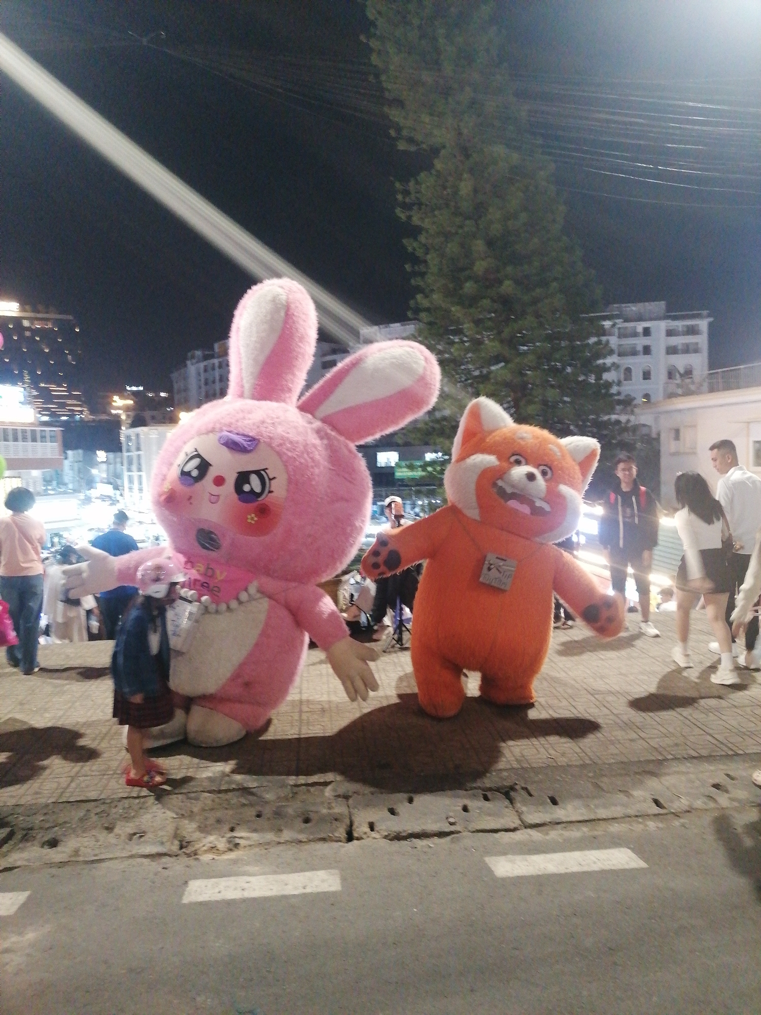 The image captures an outdoor night scene in Da Lat, Vietnam, featuring two large, cheerful mascots on a paved street. On the left, a plush pink bunny mascot with large, expressive eyes, rosie cheeks, and a pearl-like necklace stands prominently. A small child, wearing a blue jacket and a striped skirt, stands close to the bunny, looking towards it. To the right, an orange red panda mascot, resembling Mei Lee from Disney/Pixar's "Turning Red," smiles broadly with its mouth open, and wears a small tag around its neck.
In the background, several adults are visible, moving casually or standing, suggesting a public gathering or market. The ground consists of patterned sidewalk tiles transitioning to an asphalt road marked with white lines. Buildings with illuminated windows line the street, and a tall, dark evergreen tree stands to the right. The dark sky indicates it is nighttime, with the scene illuminated by various artificial lights. A bright, diagonal beam of light streaks across the upper left portion of the sky.
The activity appears to be a public event or street performance, with the mascots interacting or posing for passersby. The mascots exude a friendly and joyful demeanor.
Visible text includes "Baby Tree" on the pink bunny's bib and some indistinct lettering on the red panda's neck tag.