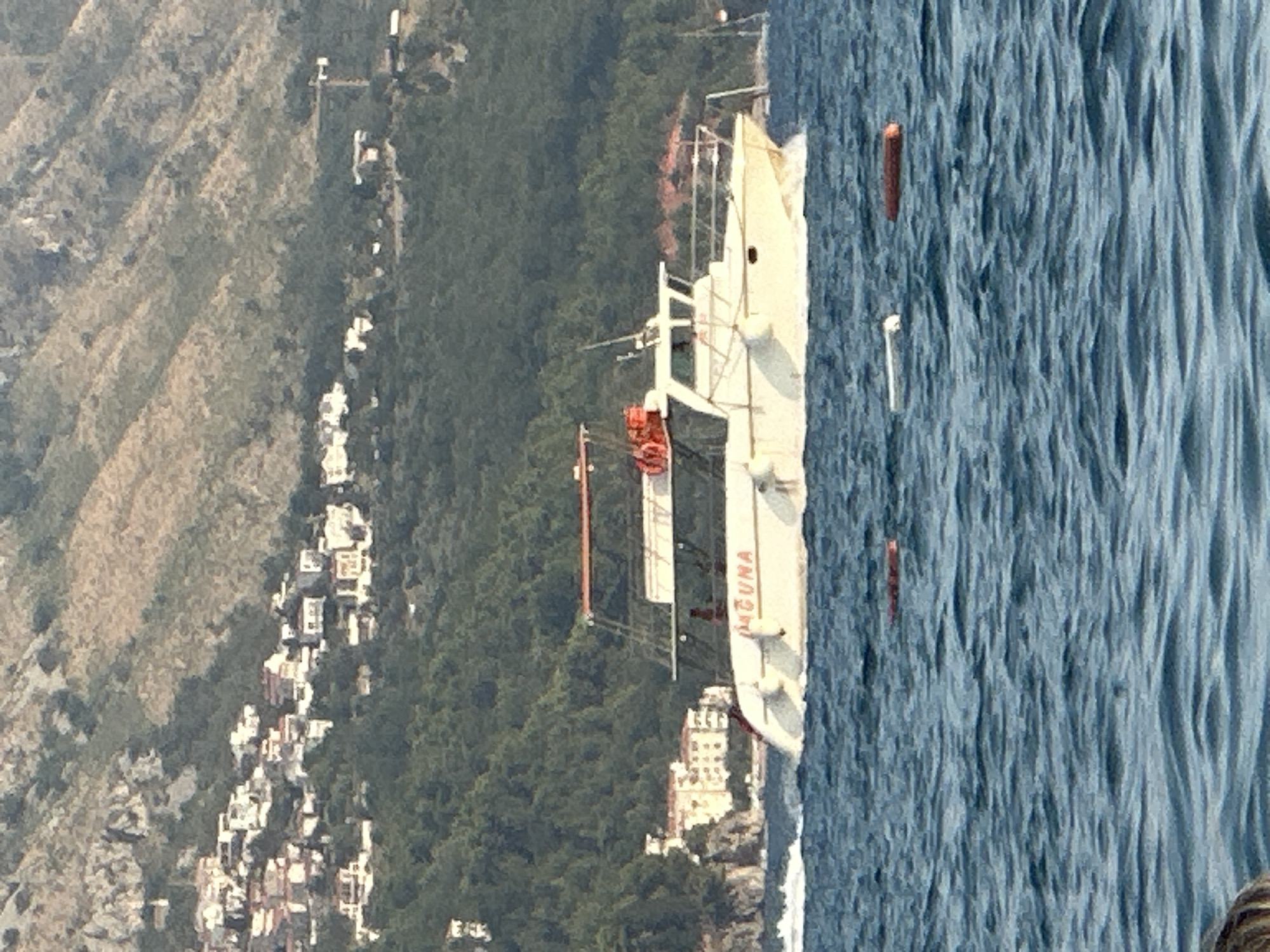 A white motor yacht, identified by the word "LAGUNA" in red lettering on its hull, cruises through the blue waters off the coast of Boreti, Montenegro. The yacht is white with orange accents and features an enclosed cabin. In the background, a hillside covered in green trees rises steeply, with a cluster of white buildings nestled among the foliage. The sky is overcast. In the foreground, buoys are visible in the water.