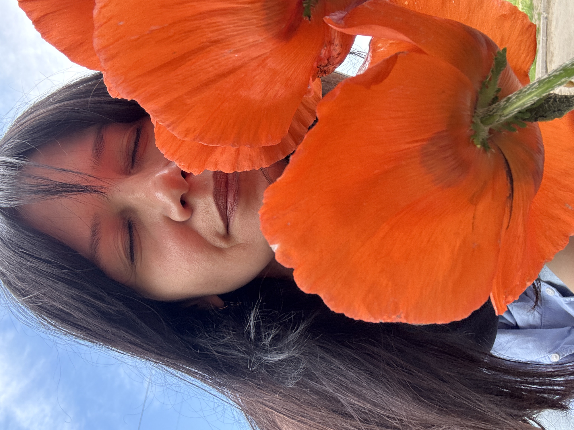 A close-up, low-angle outdoor shot features a woman with dark hair and closed eyes, her face partially obscured by bright orange poppy flowers. She is wearing a light blue collared shirt. The background consists of a bright blue sky with some wispy clouds. The image is likely taken during daytime in a park or garden setting within the city of Chaikovsky, Russia, given the natural elements and clear sky.