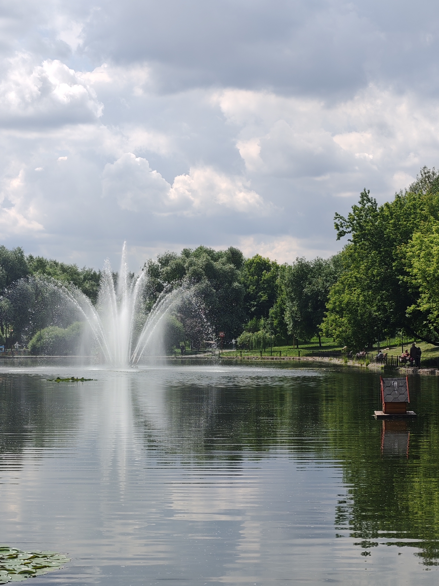 A serene lake is the central focus of this image, with a large fountain spraying water high into the air, creating a dynamic visual element. The lake's surface is mostly calm, reflecting the surrounding trees and the cloudy sky. Lily pads are visible in the foreground, adding a touch of nature's detail to the water.
On the far side of the lake, a line of lush green trees forms a dense backdrop. A walking path runs along the edge of the water, bordered by a decorative fence. Several people are seated on benches along this path, enjoying the view. A small wooden structure, possibly a birdhouse or decorative piece, floats on the water in the right foreground, its reflection clearly visible on the rippled surface.
The sky is filled with a mix of white and gray clouds, suggesting a partly cloudy day. The lighting indicates it is daytime, likely late morning or early afternoon. The overall mood is peaceful and tranquil, offering a glimpse into a pleasant outdoor setting, possibly a park or garden. No visible text is present in the image.