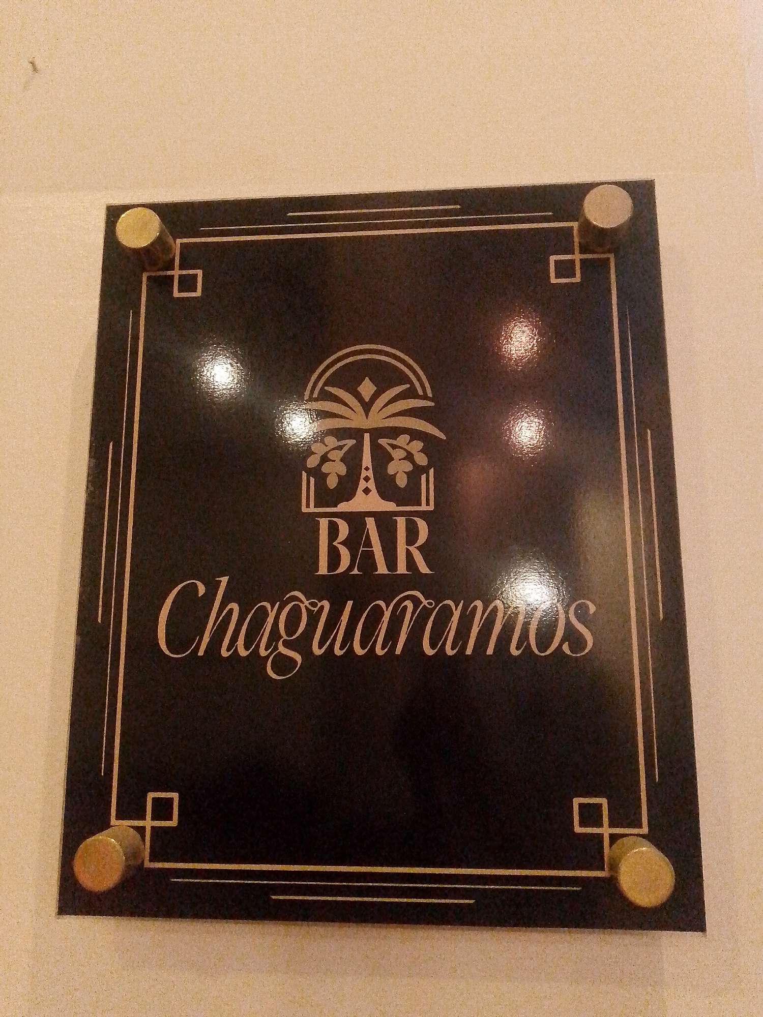 The image shows a sign for "Bar Chaguaramas" in Pedro González, Venezuela. The sign is square and dark in color, with gold-colored lettering and trim. The word "BAR" is stacked above "Chaguaramas". Above the word "BAR" is an image of a palm tree in a pot. The sign is mounted to a wall using four metal standoffs, one in each corner. The wall is light tan in color.