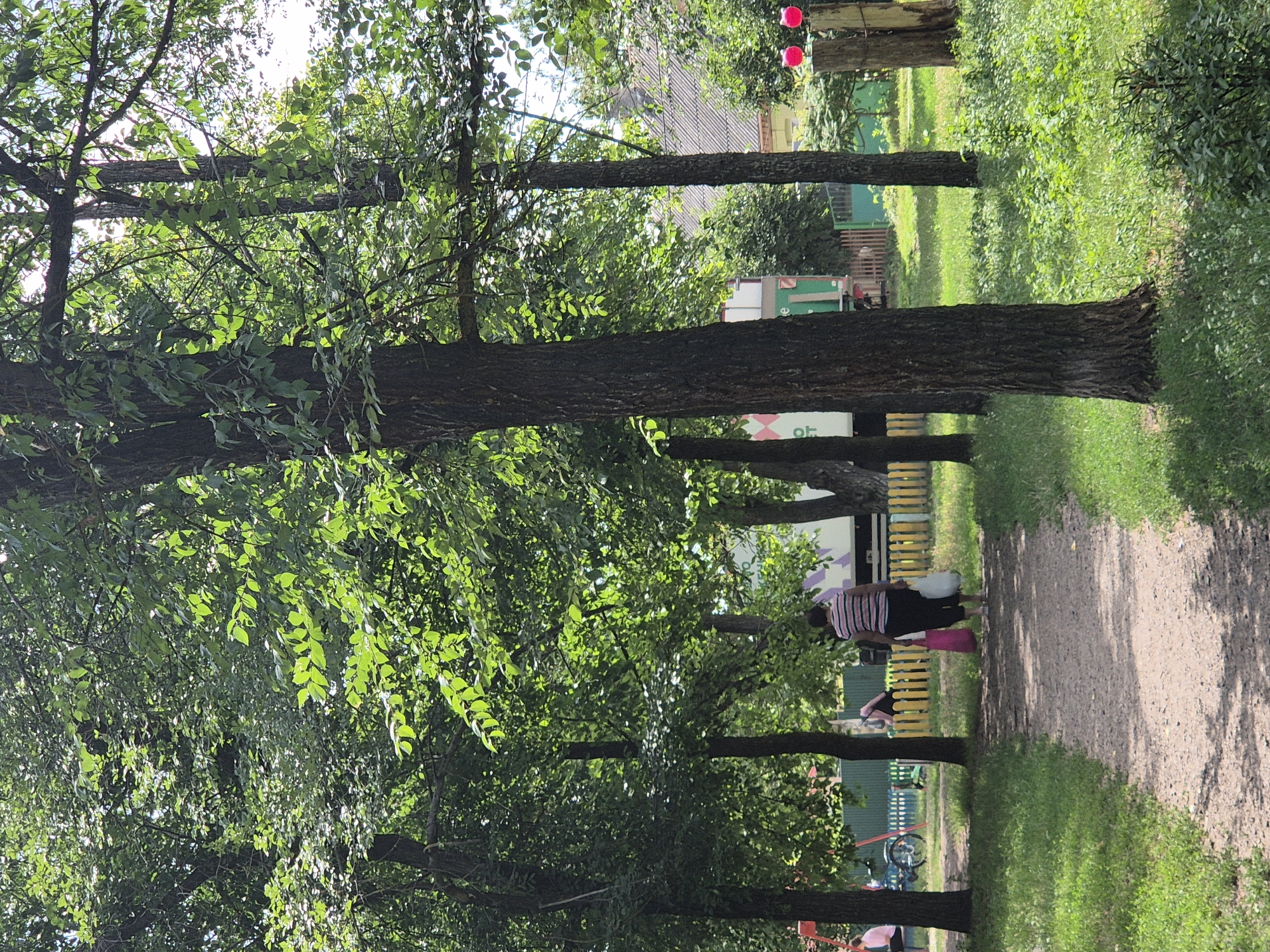 A woman walks away from the viewer down a gravel path in a park-like setting in Sozonivka, Ukraine. She is wearing a striped shirt and dark pants, carrying two shopping bags, one pink and one white. The path is flanked by green grass and several trees with lush green foliage. In the background, a low wooden fence separates the park from buildings and houses with tiled roofs. A bicycle is visible near a playground structure on the left side of the frame. Two pink decorative spheres are mounted on a wooden post on the right side of the image. The lighting suggests it is a bright, sunny day.