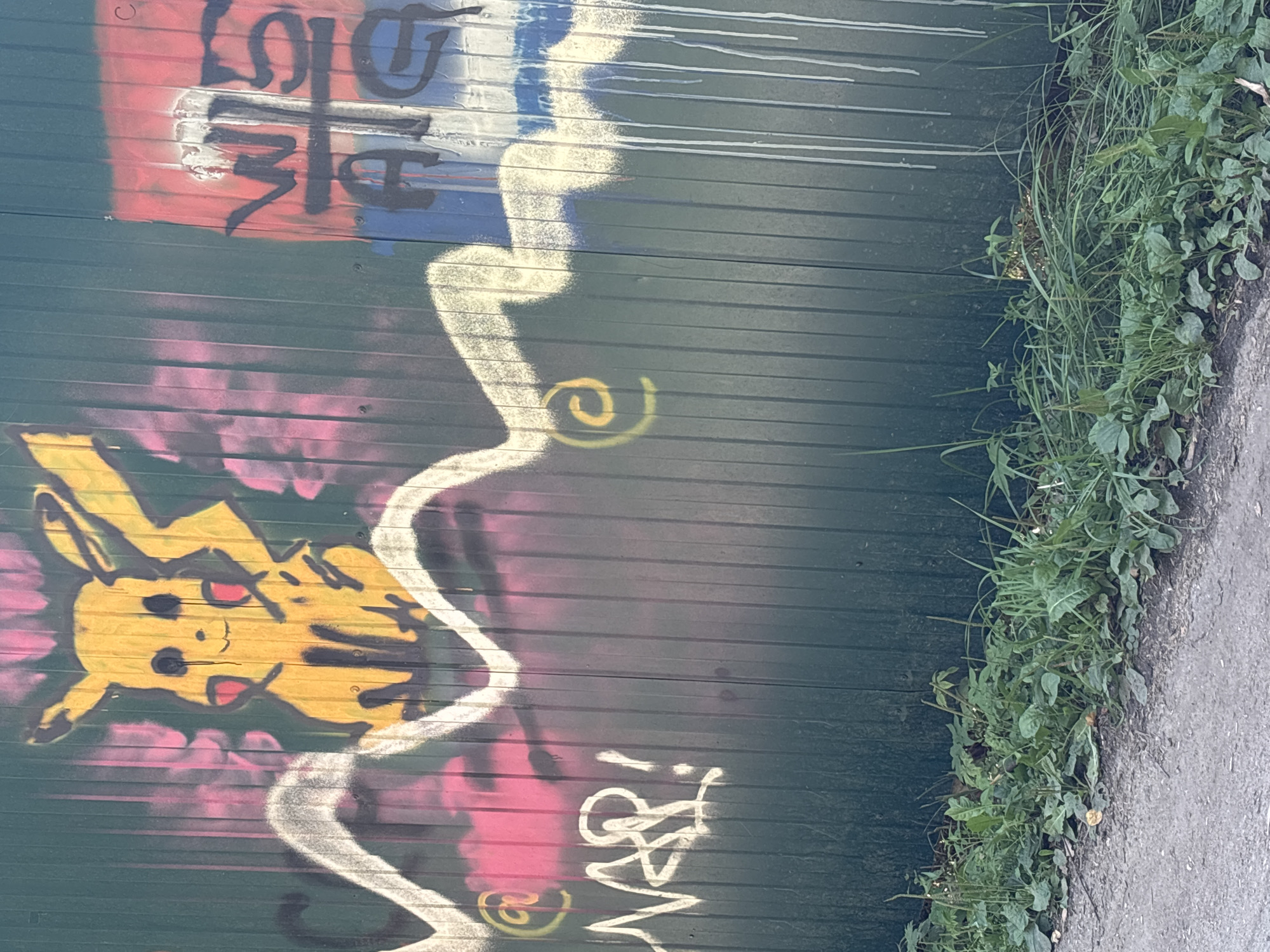 A Pikachiu graffiti drawing is spray painted on a green corrugated metal fence. The Pikachiu is yellow with red cheeks and black eyes. Pink and purple spray paint is behind the Pikachiu. To the right of the Pikachiu, a flag like image is spray painted in red, white, and blue. There is also a white spray painted word that appears to be "WAR!" on the left side of the fence. The fence is in an outdoor urban environment with grass and a dirt path in the foreground. The location is the city of Trekhgorka, Russia.