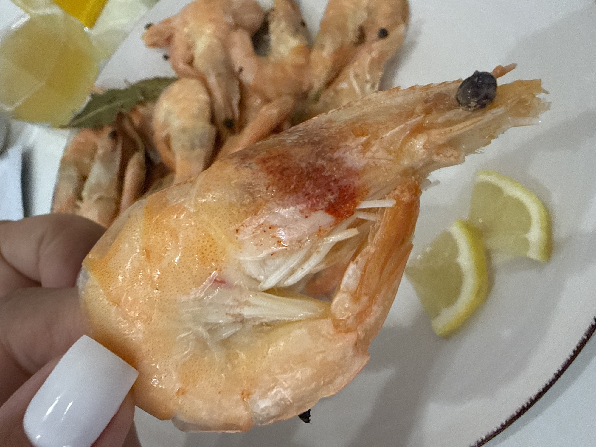 The image shows a close-up of a person's hand holding a cooked shrimp over a plate of more cooked shrimp, lemon slices, and bay leaves. The shrimp being held is large and has a reddish-orange color. The hand has a white, polished fingernail. The plate is white with a dark rim. The background is out of focus but appears to be a table setting. There is no information about the location in Vologda, Russia.