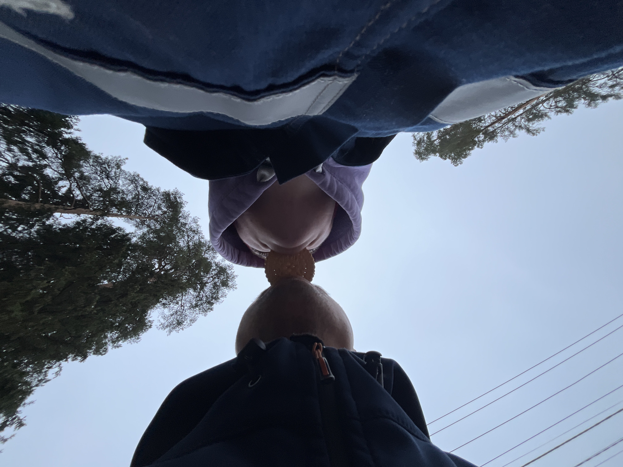 Two individuals are positioned head-to-head, with one person holding a small, round, textured object between their mouths. The person on top is wearing a blue jacket with a white stripe and a purple hoodie. The person below is wearing a dark blue jacket. The backdrop includes trees and a grey sky. Overhead power lines are also visible. It is impossible to confirm whether this photo was taken in Chaikovsky, Russia.