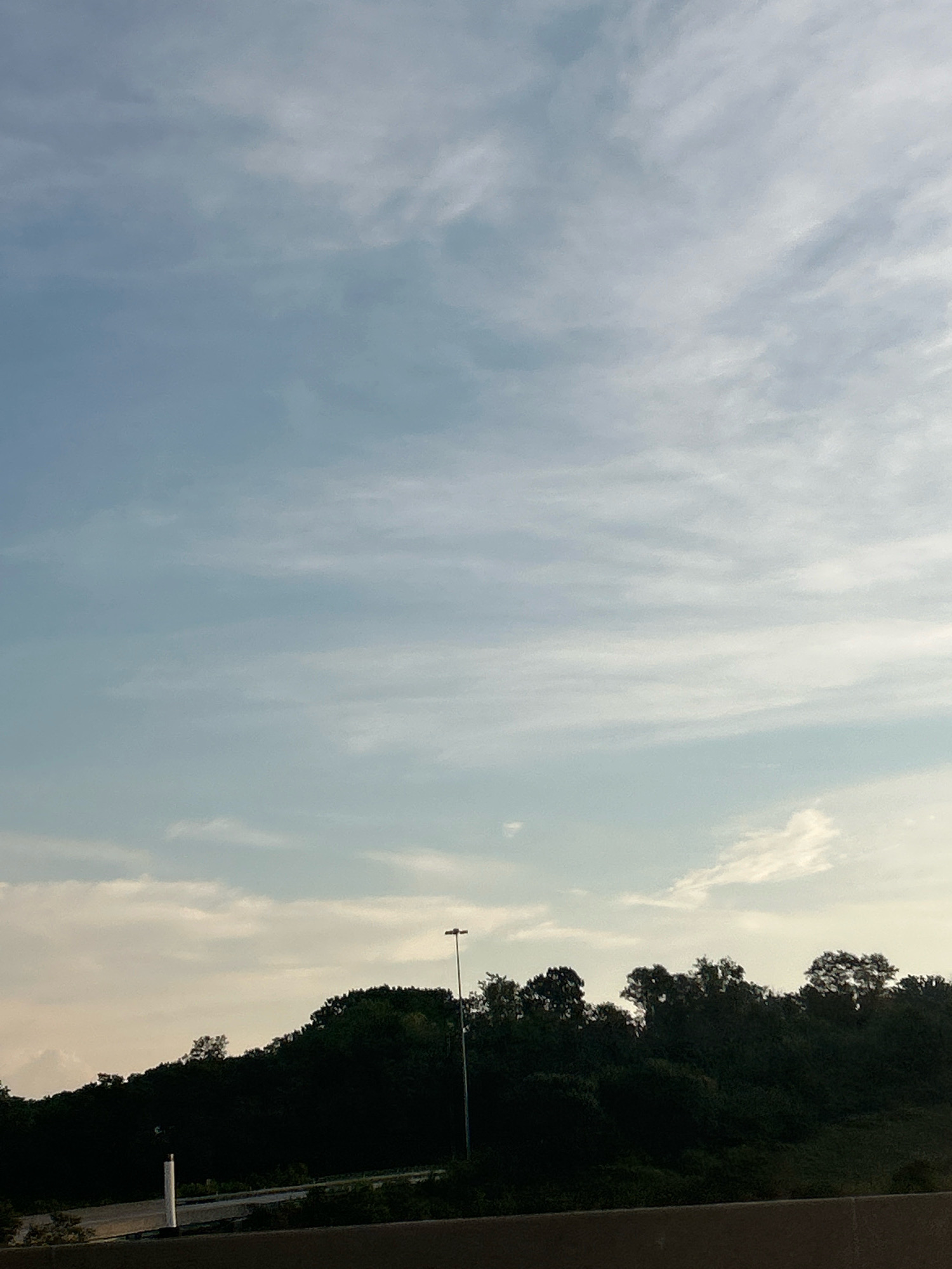 The image shows a view of a tree-lined hill against a cloudy sky. In the foreground, there is a concrete barrier and a hint of a road. A light pole stands on the hill. The scene is in Robinson Township, United States of America.