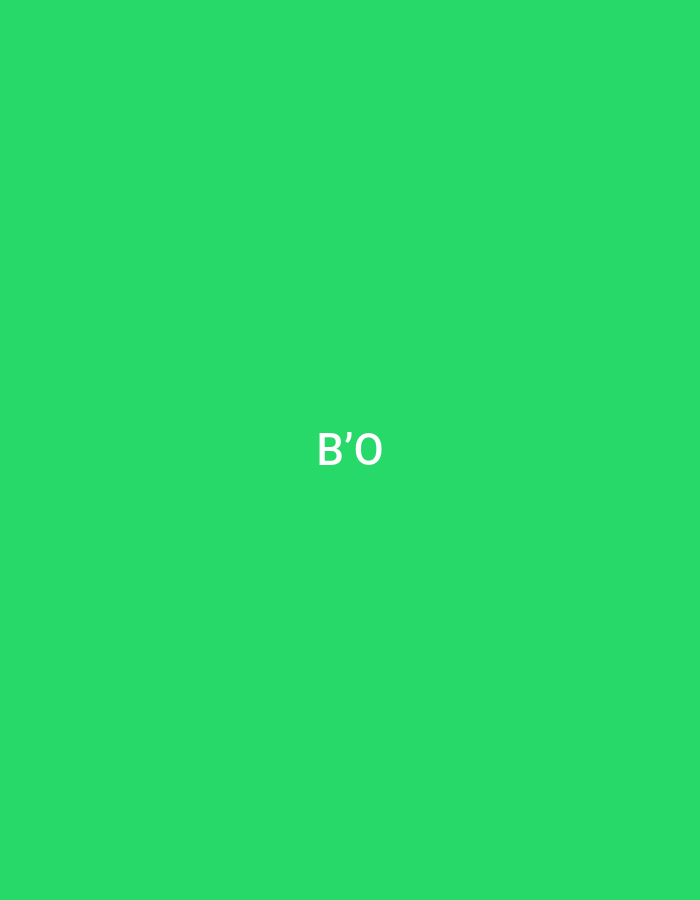 The image displays a uniform green background. Centrally positioned, the white capital characters "B'O" are rendered with an apostrophe between the 'B' and the 'O'. This textual element directly identifies "B'O," a known concept store located in the city of Casablanca, Morocco. The scene is devoid of other discernible objects, subjects, or environmental details, focusing solely on the brand's textual representation.