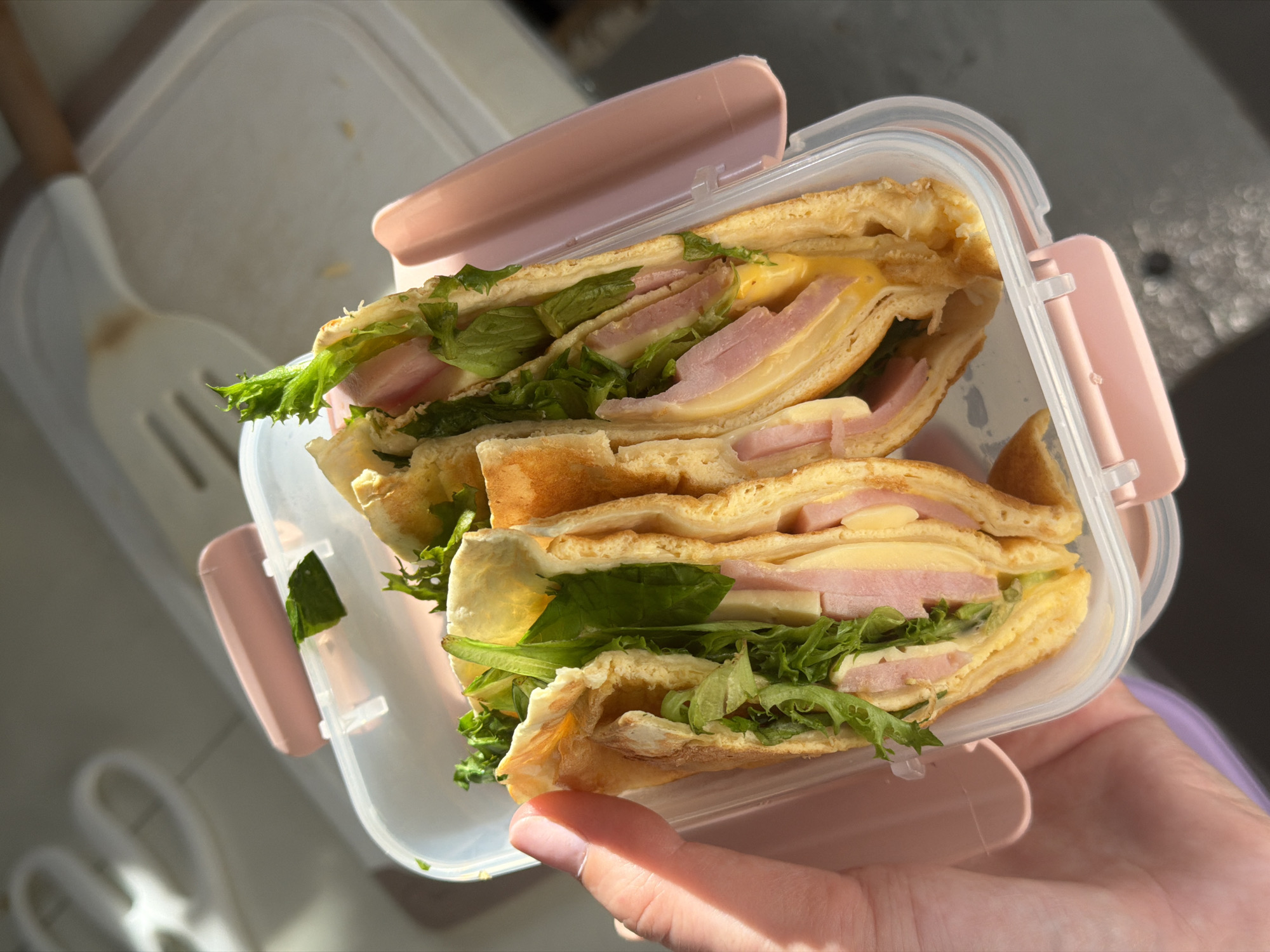 A person holds a clear plastic lunchbox containing two cut sandwiches made with a tortilla-like wrap, ham, cheese, and lettuce. The lunchbox has pink latches. In the background, blurred objects include a spatula and a pair of scissors, resting on a light-colored surface. The location is Chaikovsky, Russia.