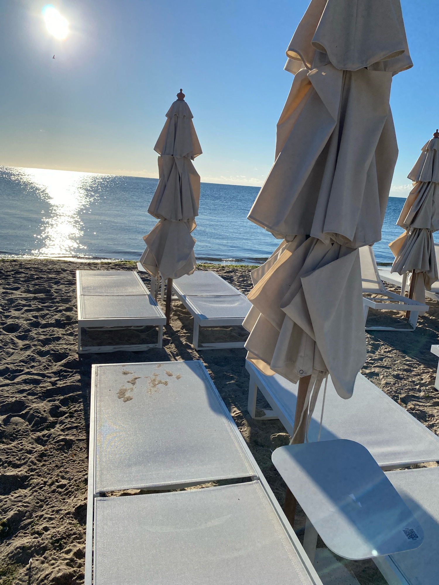 This image captures a beach scene in Odesa, Ukraine, with rows of empty lounge chairs and closed umbrellas positioned on the sand. The sun is shining brightly, reflecting off the calm sea, and a bird is visible in the sky. The sand appears damp in places and shows some footprints and sand accumulation on the lounge chairs. The overall atmosphere is serene and peaceful, suggesting an early morning or late afternoon setting before or after peak visitor hours.