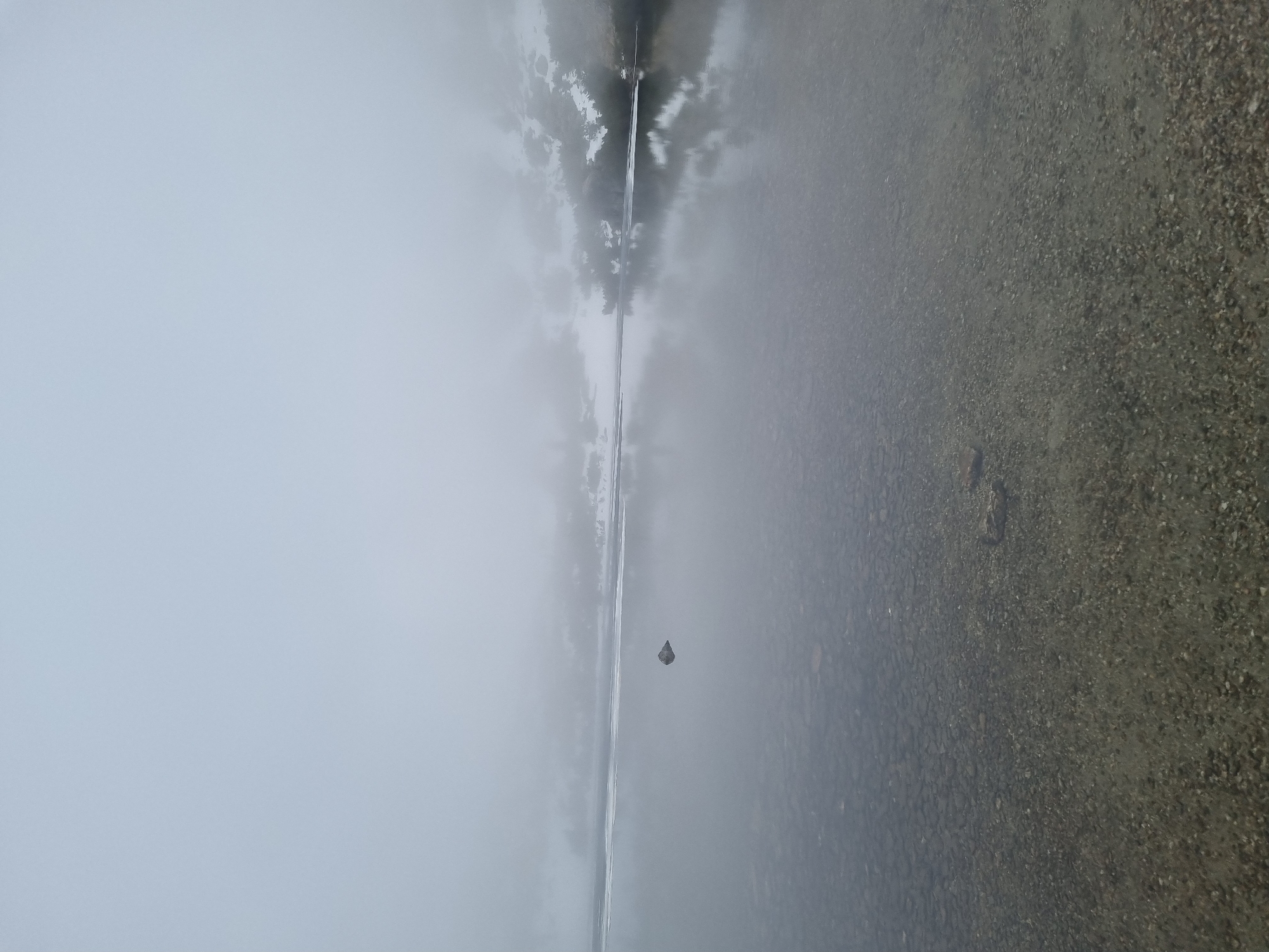 The image shows a body of water, likely a lake or river, obscured by heavy fog or mist. The left side of the image is predominantly a dense, uniform white, representing the fog. A thin, vertical strip of dark, reflective water cuts through the center of the image, reflecting the fog and potentially the silhouettes of trees or objects along the water's edge. The right side of the image features a gravelly shoreline transitioning into the water, with pebbles and stones visible. A single, dark object, possibly a rock, is visible on the water's surface towards the middle of the image. Due to the limited visibility, precise details regarding the location in Govedartsi, Bulgaria, cannot be determined.