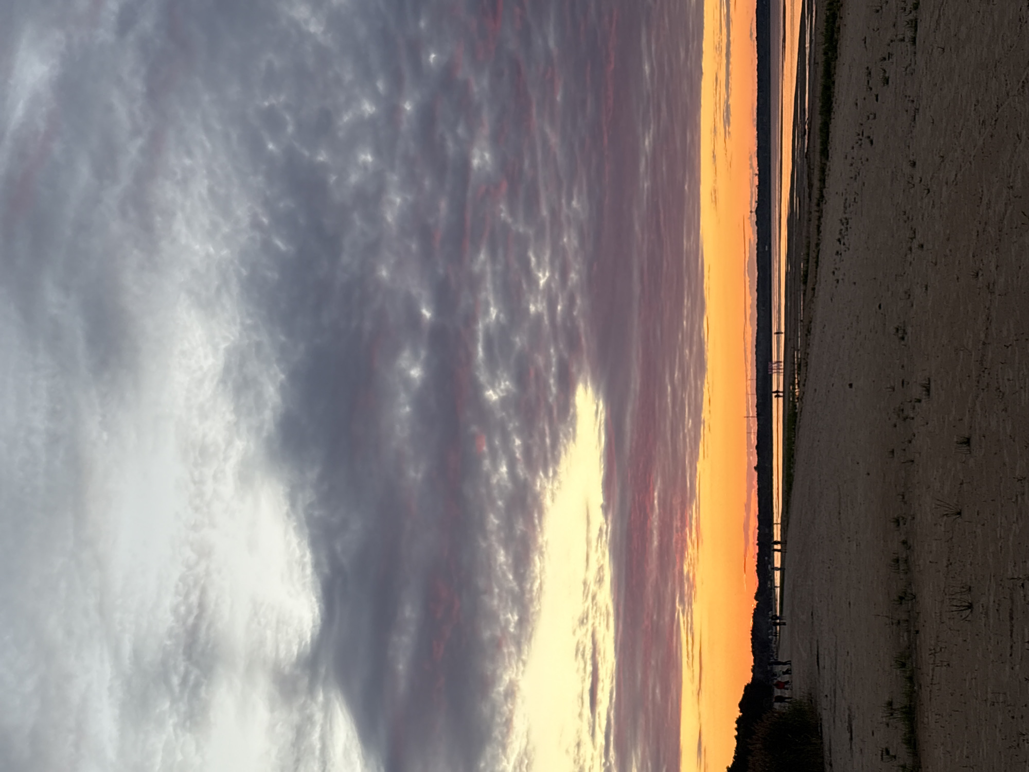 The image depicts a beach scene at sunset in Kokkorevo, Russia. The sky is filled with clouds, ranging in color from gray and white at the top to vibrant oranges and pinks closer to the horizon. A body of water, likely a bay or lake, stretches across the middle ground, reflecting the colors of the sky. The foreground is a sandy beach with sparse vegetation. Several people are visible walking along the shoreline in the distance, their figures silhouetted against the bright sky. Some are accompanied by dogs. The overall atmosphere is peaceful and serene, capturing the beauty of a coastal sunset.