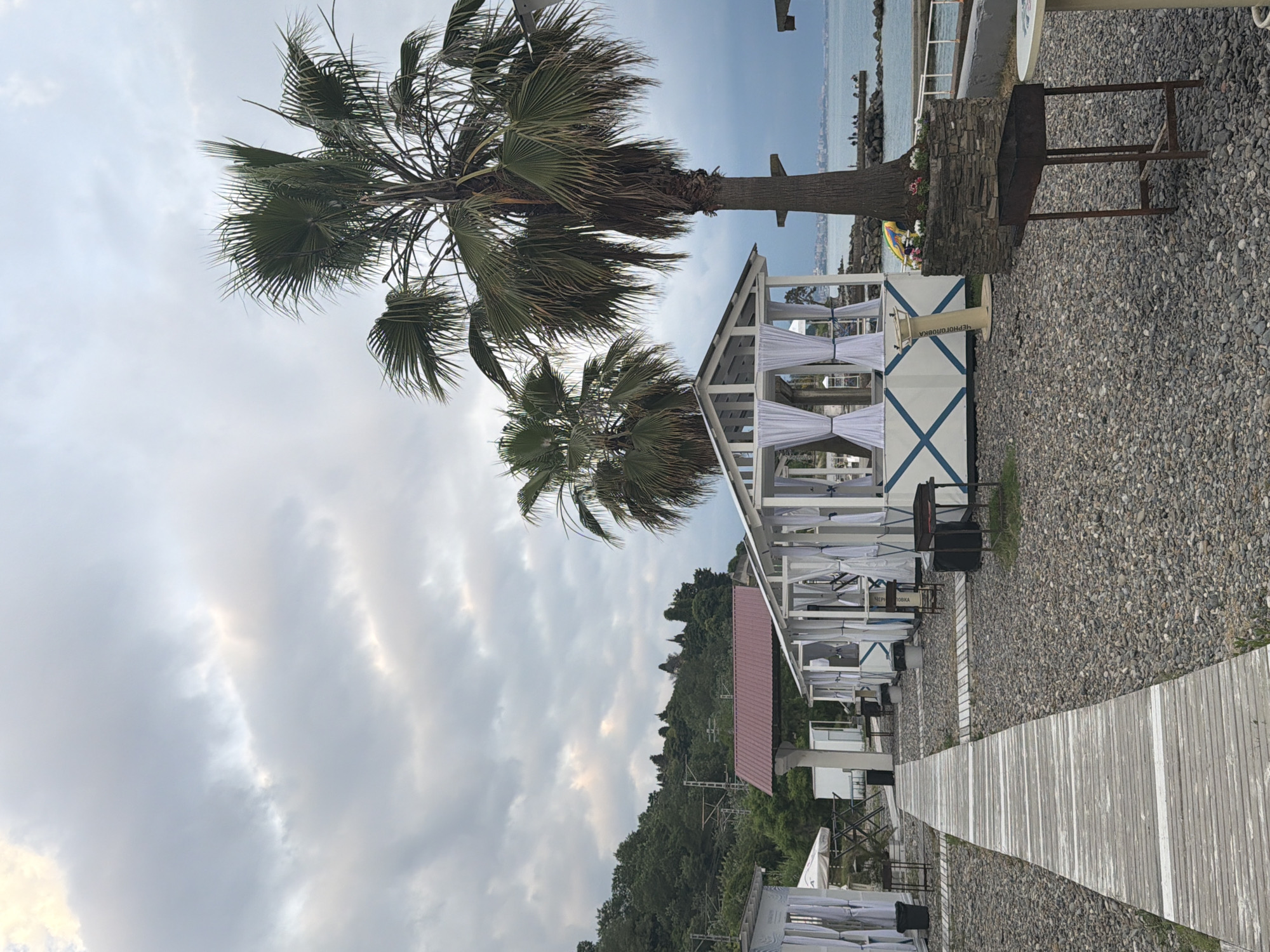 This is a medium shot of a beachside cafe area on an overcast day. The scene is located in Sochi, Russia. In the foreground, a weathered wooden boardwalk leads into the frame from the left, set against a backdrop of grey pebbles that cover the beach.
To the right of the boardwalk, several white, open-air gazebos with white curtains are arranged along the shore. These structures appear to be part of a cafe or restaurant. In front of one gazebo, a dark-colored grill stand is positioned.
Dominating the right side of the image are two large palm trees, their fronds reaching towards the cloudy sky. Between the gazebos and the sea, a stone embankment separates the seating area from the water. In the distance, the sea is visible, with a faint line of buildings and a pier where a few small figures can be seen. The background is a dense, green hillside, suggesting the cafe is nestled against a vegetated slope. The overall atmosphere is calm and quiet, with no people actively engaged in activities.