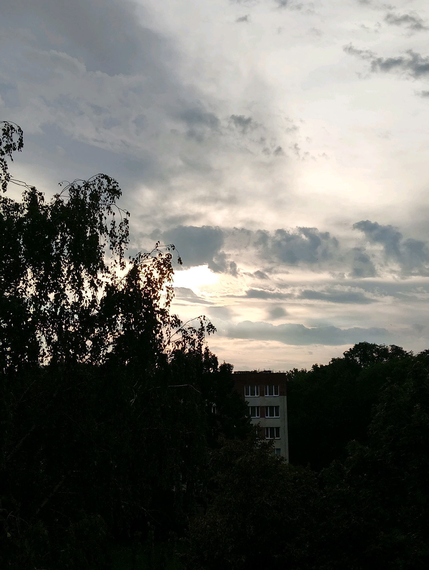 The image depicts an outdoor scene with a silhouetted tree in the foreground, obscuring much of the middle ground and background. Through the branches of the tree, a multi-story building with visible windows is partially seen, situated amidst dense foliage. The sky above is overcast with layered clouds, and sunlight is breaking through in the upper center, creating a bright, hazy effect. The overall impression is one of a cloudy day with the sun attempting to pierce the cloud cover, with urban elements integrated into a natural setting. The location is identified as Hrodna, Belarus.