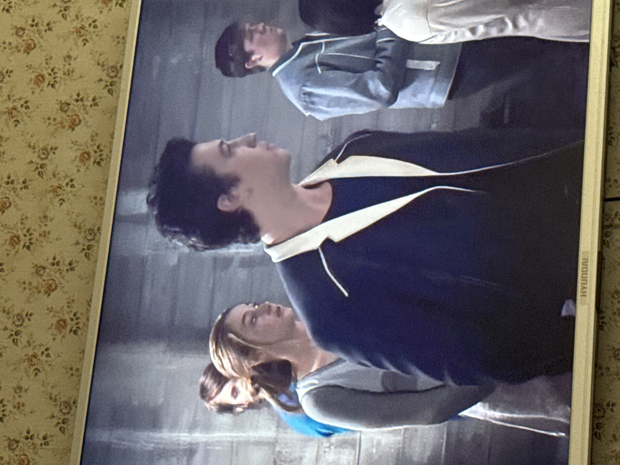 The image shows a screen, presumably a TV or monitor, displaying a scene with several people. The foreground features a man with dark, curly hair, wearing a dark blue jacket with white detailing around the collar and chest. Below him, partially visible, is a woman with light brown hair, wearing a gray shirt with a blue undershirt. Further up in the frame is another man with dark hair, wearing a light blue jacket with white trim and a black cap.
The screen is surrounded by a light-colored frame, and the "HYUNDAI" logo is visible on the right side of the frame. The background behind the screen is a wallpaper with a floral pattern in shades of brown and beige.
The location cannot be determined from the image.