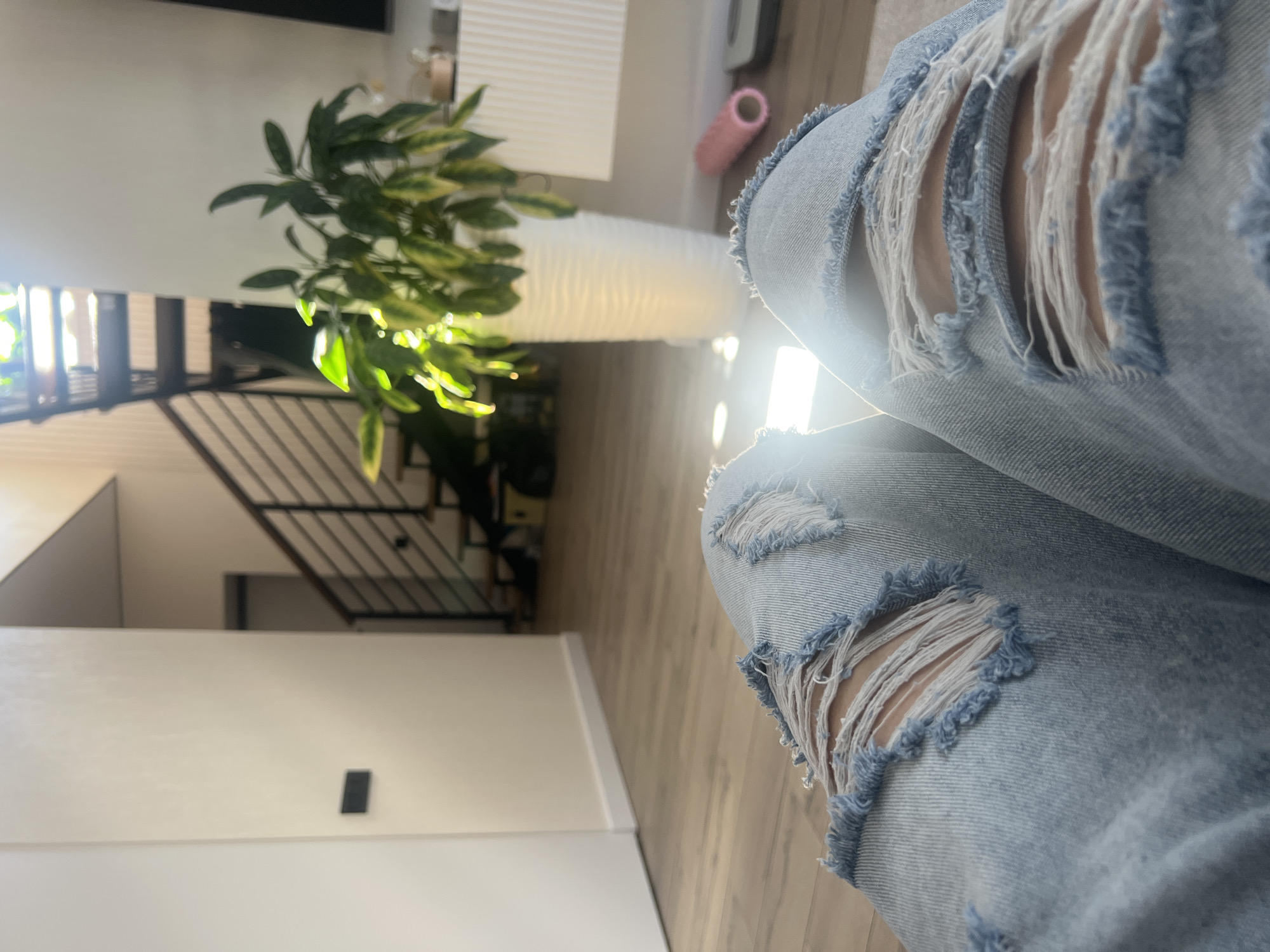 The image shows a close-up view of a person's legs wearing distressed denim jeans, focusing on the ripped knee areas. The background depicts an indoor setting with a modern staircase, a large potted plant with variegated leaves, and a white ribbed cabinet or wall unit. Sunlight streams in from a window or skylight, creating a lens flare effect and illuminating the scene. The flooring appears to be light-colored wood. There is no visible indication of the city of Votkinsk, Russia, in this image.