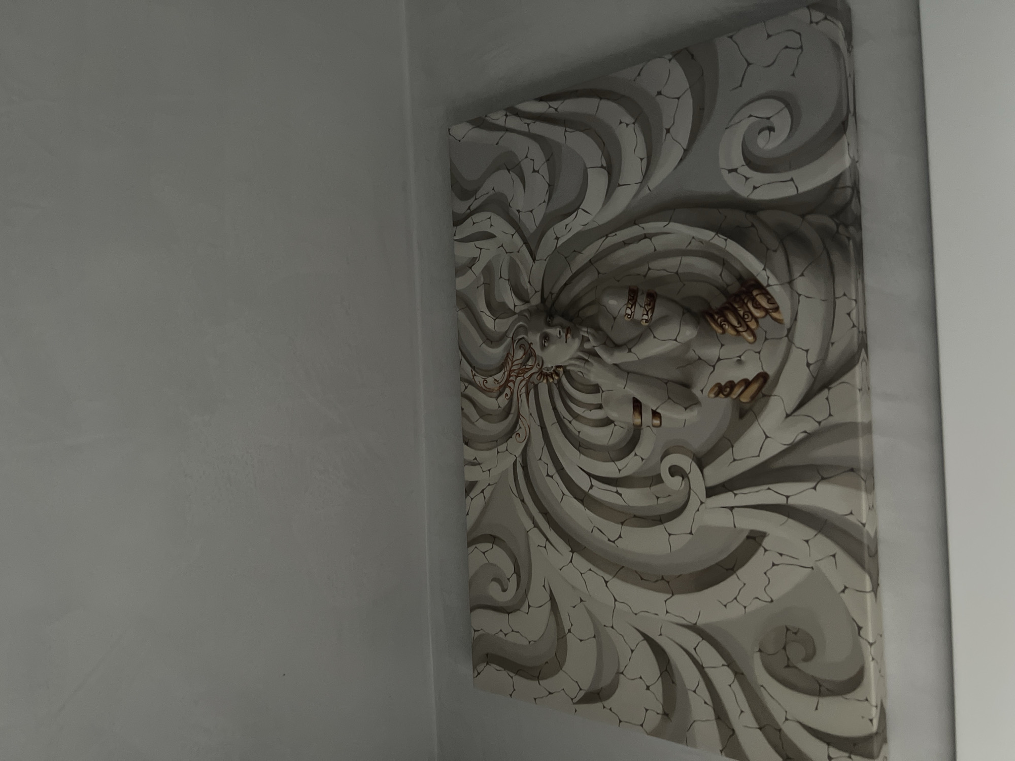The image shows a painting hanging on a wall. The painting depicts a figure within a swirling, cracked stone-like pattern. The colors are primarily shades of gray and white with touches of gold on the figure's hands and accessories. The environment around the painting appears to be a room with light gray walls and a white door frame on the right side. The image does not show a location in the city of Burgas, Bulgaria, or any other specific location.