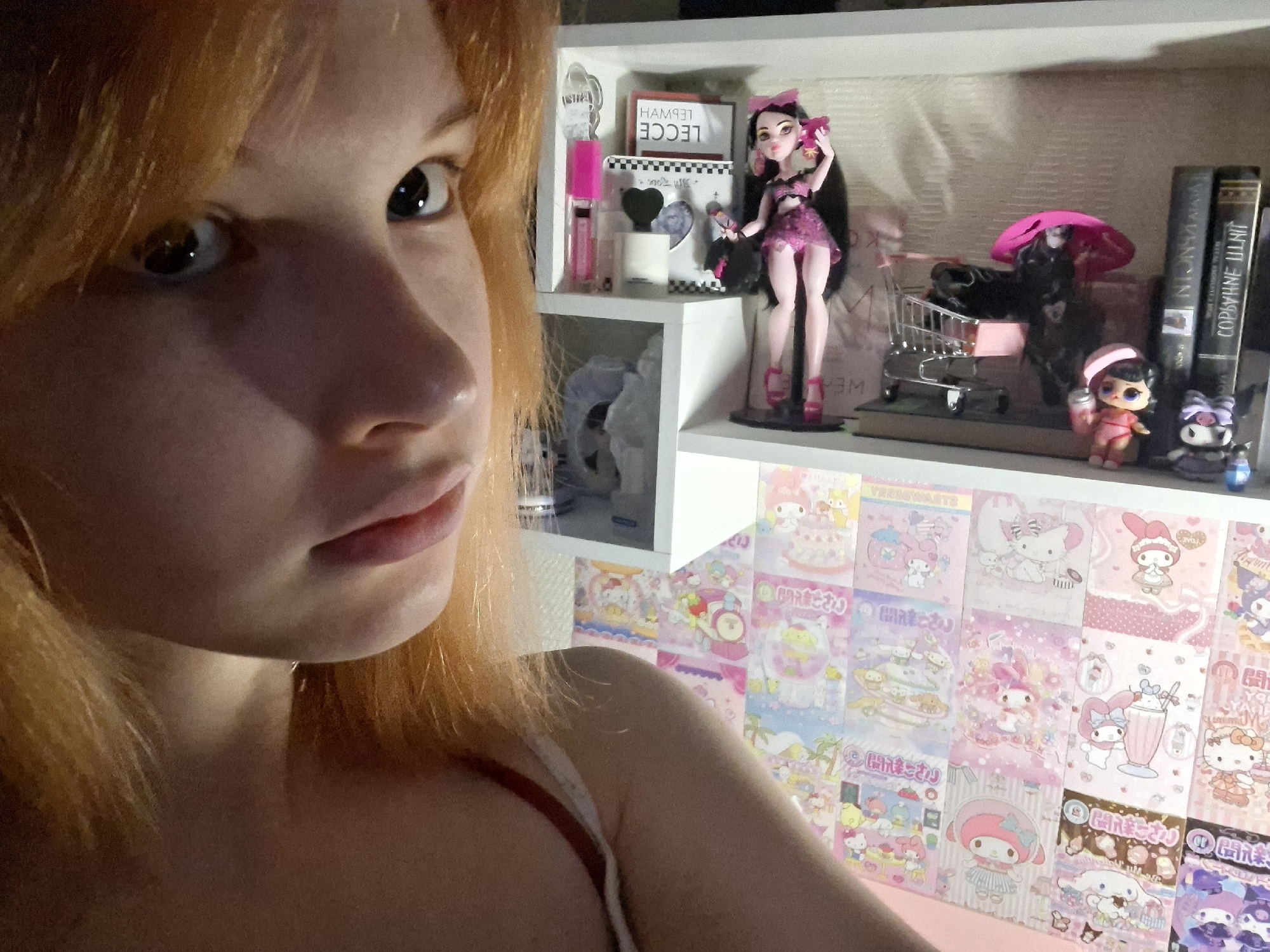 A selfie taken indoors shows a young person with light skin, light brown eyes, and light orange hair. The individual is wearing a white top with a red strap and appears to be near a white shelf unit. The shelves contain various items including dolls (one of the Monster High variety), books, a miniature shopping cart, and other collectibles. The wall behind the shelves is covered with numerous stickers or prints of Hello Kitty and My Melody characters.