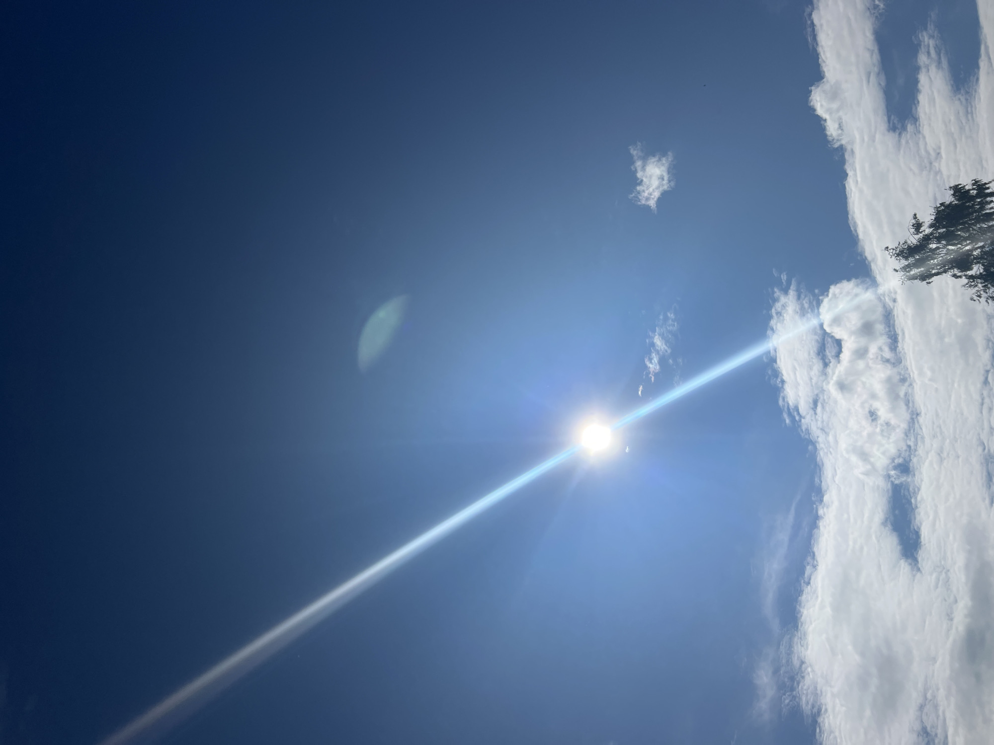 The image depicts a clear blue sky with scattered white clouds. The sun is visible and is emitting a bright ray of light that stretches across the frame. There is a lens flare to the right of the sun. In the bottom right corner, the top of a tree is visible, silhouetted against the sky. The location is not discernible from the image.