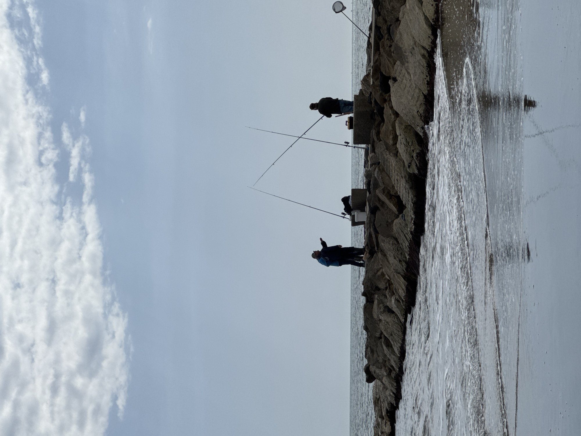This photograph captures a tranquil coastal scene featuring several individuals fishing from a rocky breakwater under a bright, overcast sky. The image is oriented correctly as a landscape, with the horizon line horizontally dividing the frame.
Along the dark, irregular rock formation of the breakwater, four distinct silhouettes of people are visible. On the far left, one person stands with an arm raised, seemingly gesturing towards the sea or sky. To their right, two other figures are actively engaged in fishing, with their long fishing rods extending out over the water. Further along the breakwater, a fourth person is present, near a fishing net mounted on a pole, which stands prominently against the light sky. The sky, occupying the upper portion of the image, is a soft, light grey with scattered white clouds, indicating diffused daylight. The lower part of the image shows the sea, with gentle waves breaking against the breakwater on both sides, creating white foam and reflections in the water.
The scene conveys a sense of calm and leisure, suggesting a peaceful day spent by the sea. No text is visible in the image. This serene setting is located in Nettuno, Italy.