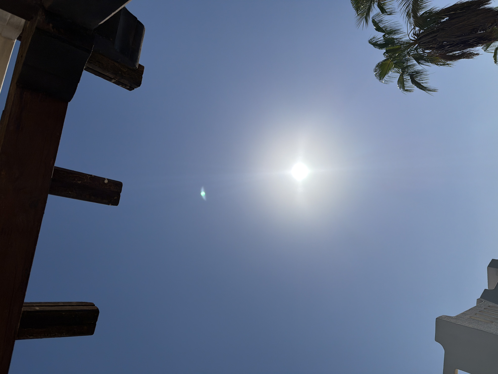 An upward-facing outdoor shot captures a clear blue sky with the sun directly overhead. The sun is a bright, starburst-shaped lens flare, with a faint green and white lens flare visible to the upper left of the sun. The top of the image is framed by dark wooden beams of a pergola, casting shadows. To the lower right, the fronds of a palm tree are visible, with its trunk extending down out of frame. To the lower left, the corner of a modern, light-colored building with angular features is visible, also extending out of frame. The setting appears to be a resort or hotel in Sharm El Sheikh, Egypt, likely an outdoor seating or common area. There are no people or animals present in the image.