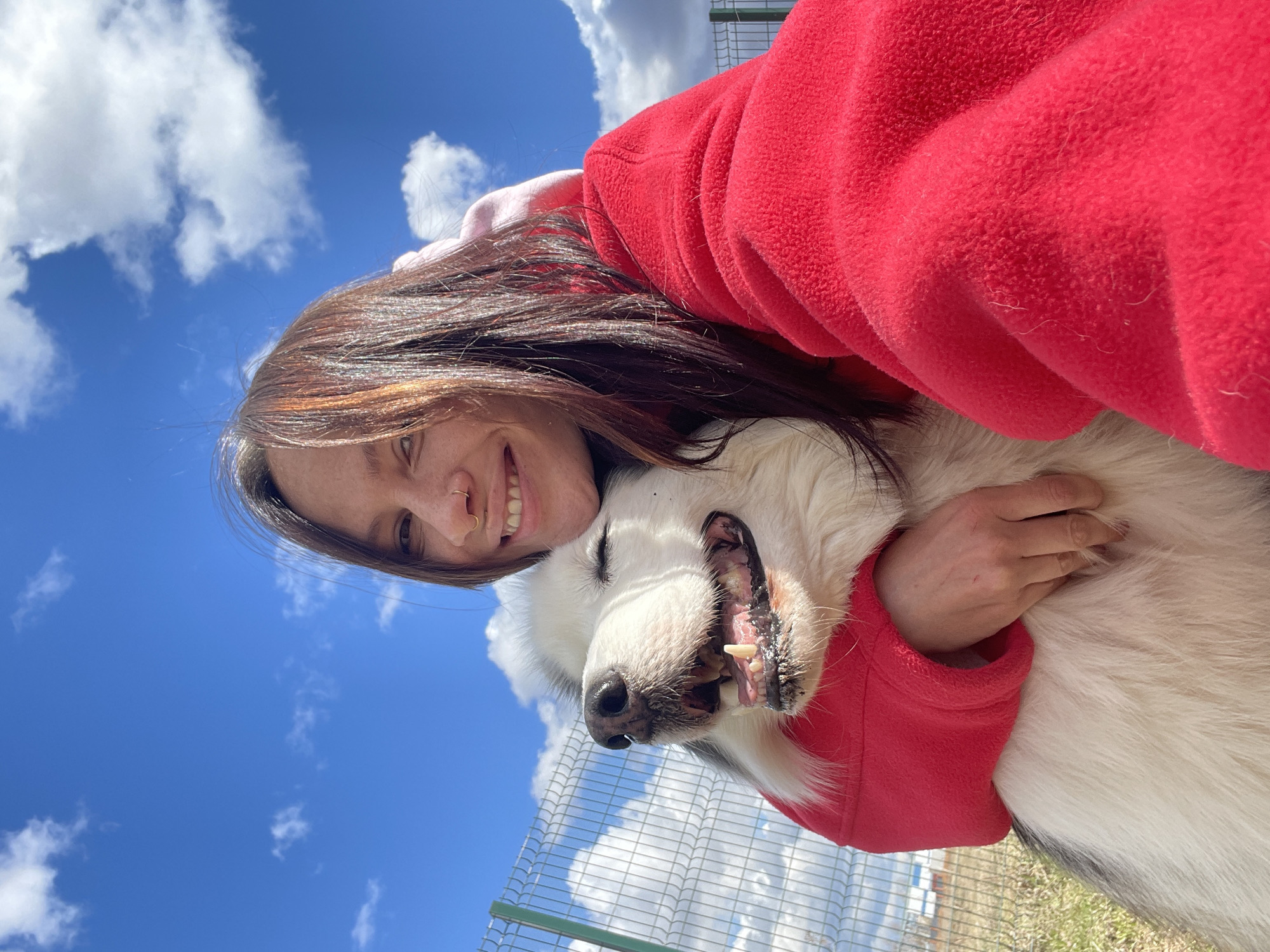 A woman with brown hair and a red hoodie is embracing a large white dog. The dog has its eyes closed and mouth slightly open. The background shows a blue sky with white clouds, and a green fence is visible. The scene appears to be outdoors. It is not possible to confirm the location of the city of Sokol, Russia from the details in this image.