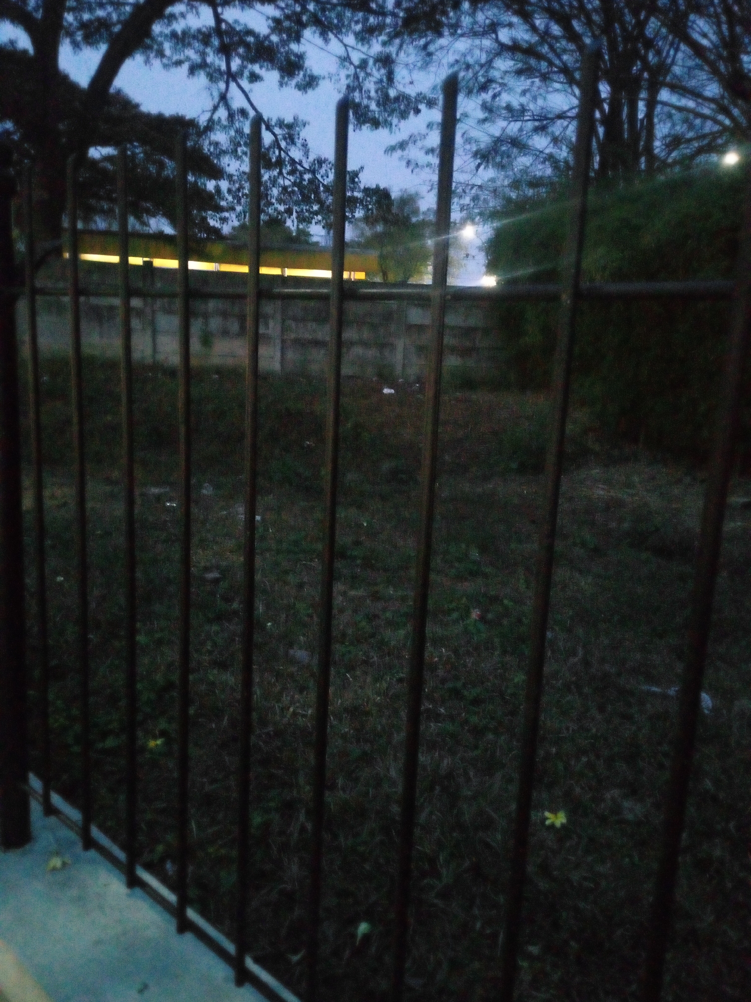 The image depicts a dark, outdoor scene behind a metal fence. The fence consists of vertical bars with a horizontal bar at the bottom. Beyond the fence, there is an overgrown area with grass and some scattered debris. In the background, a long, low structure with illuminated windows is visible. Trees with dark foliage and a cloudy sky are present above the structure. The overall lighting suggests it is dusk or early evening. The location in Cikupa, Indonesia, is not visually ascertainable from the image itself. There are no people or specific actions depicted.