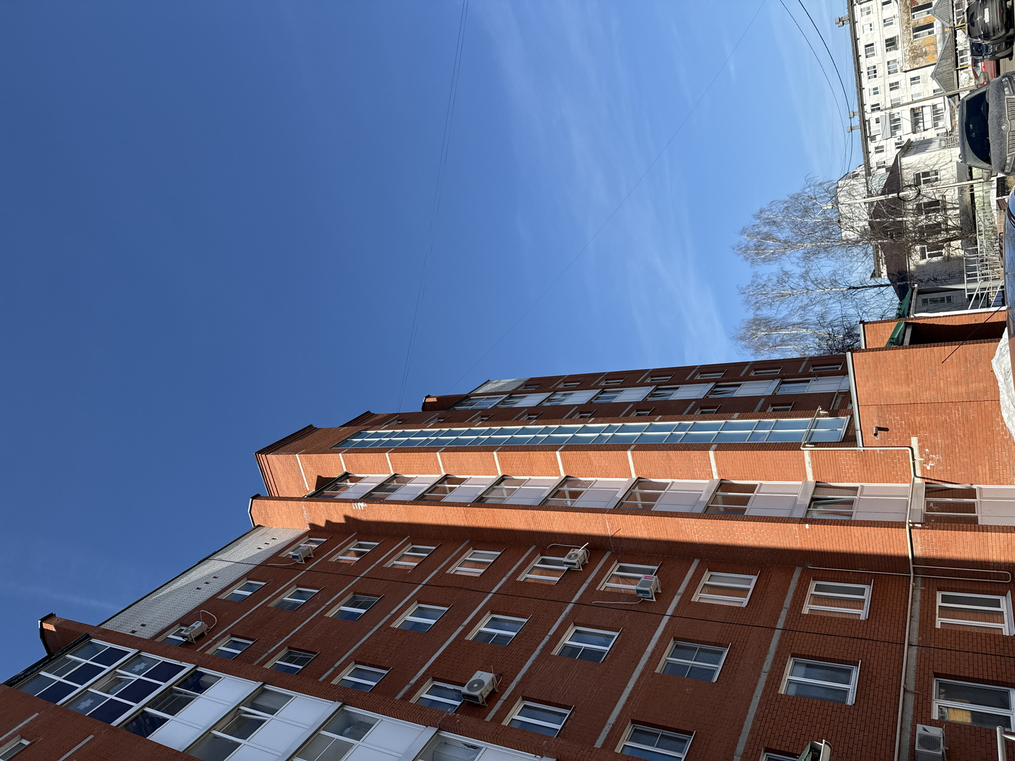 A low-angle shot captures a tall, red brick building under a clear, blue sky. The building features numerous windows, some with air conditioning units attached. Nearby are other buildings and birch trees. The city is Chaikovsky, Russia.