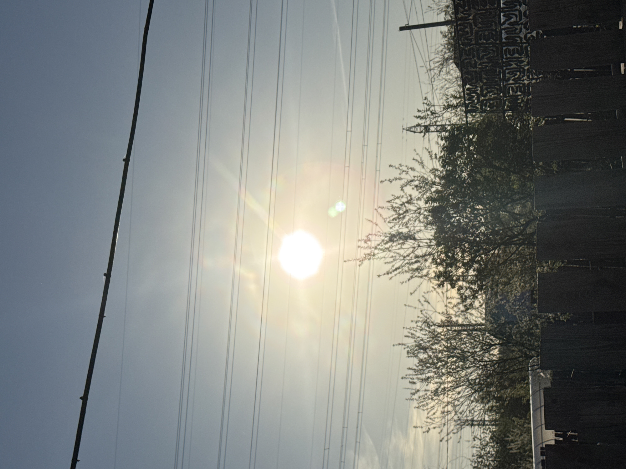 The image shows a bright sun shining through a series of overhead power lines. A wooden fence and some trees are visible on the right side of the frame. A thin pole is positioned on the left. Based on the location information provided, the scene is presumed to be in Chaikovsky, Russia. There are no people visible.