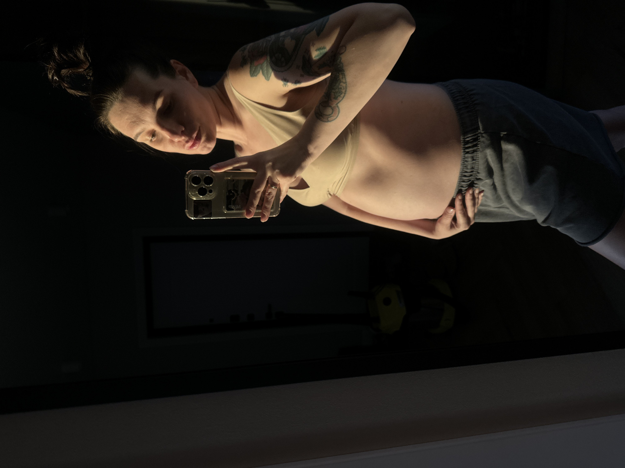 The image features a woman, positioned diagonally within the frame, appearing to take a mirror selfie. She has dark hair tied in a bun atop her head and is looking towards the camera (her smartphone). She is wearing a light-colored sports bra or crop top and dark gray athletic shorts with an elastic waistband. Her right arm, visible from the shoulder down, is extensively covered with tattoos featuring various designs, including what appears to be floral and intricate patterns. On her left hand, which holds the smartphone, a gold wedding band is visible on her ring finger. Her left hand also rests on her visibly rounded belly, indicating pregnancy. Her fingernails are neatly manicured.
The setting is an indoor space characterized by very low light, with a strong, warm directional light source illuminating the woman's face, upper body, and belly, creating stark contrasts and deep shadows. This lighting gives her skin a warm glow. The background is predominantly dark, suggesting a dimly lit room. In the reflection, behind her, faint outlines of furniture or objects can be seen, including a dark rectangular object (possibly a mirror frame, window, or television) on a wall, and a hint of a small yellow object on a dark surface below. The floor in the foreground is also dark.
The woman holds a modern smartphone with a clear case, showcasing a multi-lens camera array. Small, indistinct letters, possibly "MM," are visible on the back of the phone case. Her expression is neutral and calm. The image captures a personal moment, likely documenting her pregnancy journey.
While the provided location context is Chaikovsky, Russia, there are no specific visual cues within the image itself to confirm this location.