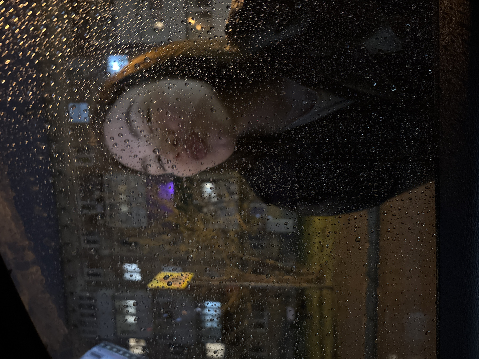 The image shows a rainy night scene, likely viewed through a window. The window is covered in raindrops. Reflected in the glass is a person's face and upper body, along with the blurred lights of a city. The city lights suggest a nighttime setting, and the reflection implies the person is indoors. The overall composition points to a somber or contemplative mood, given the rain and the blurred urban background. There is not enough detail to identify the specific location as the city of Perm, Russia.