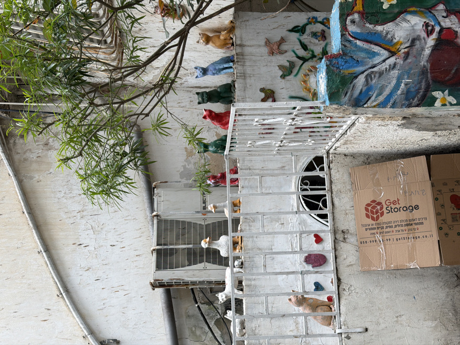 This image depicts a cluttered, outdoor urban space, confirmed to be in Tel-Aviv, Israel by Hebrew text on a visible cardboard box. The scene focuses on a multi-tiered arrangement of decorative items against a weathered, off-white building facade.
In the upper-left, a rusted white Electra air conditioning unit is mounted on the wall. Below it, on a narrow concrete ledge or railing, a series of animal statues are arranged. From left to right, these include a white cat, a smaller white feline figure, two white goose/duck statues (one with orange feet, one with yellow), a red cat, a dark green cat, another red cat, another dark green cat, a light blue cat, and an orange/tan cat.
A white metal railing with vertical and horizontal bars extends across the mid-ground. Below this railing, on a lower concrete ledge, a light brown/tan cat statue sits on the left. To its right are three decorative elements: a blue heart, a pinkish-white Hamsa hand symbol, and a red heart. A semi-circular window with metal bars is visible beneath the railing in the center.
To the right, a small tree with green foliage grows, partially obscuring the upper part of the background wall. On the wall section to the right of the railing, above a painted concrete block, there are three small, relief-style bird figures attached or painted, two brown and one green.
In the lower-left foreground, two stacked cardboard boxes are visible, with the top box displaying a "Get Storage" logo and Hebrew text. In the lower-right foreground, a concrete structure is painted with a large, stylized white and blue bird (resembling a goose or swan) with a red breast, surrounded by green and white floral designs. The ground surface below is concrete, showing signs of wear. No people or live animals are present in the image.