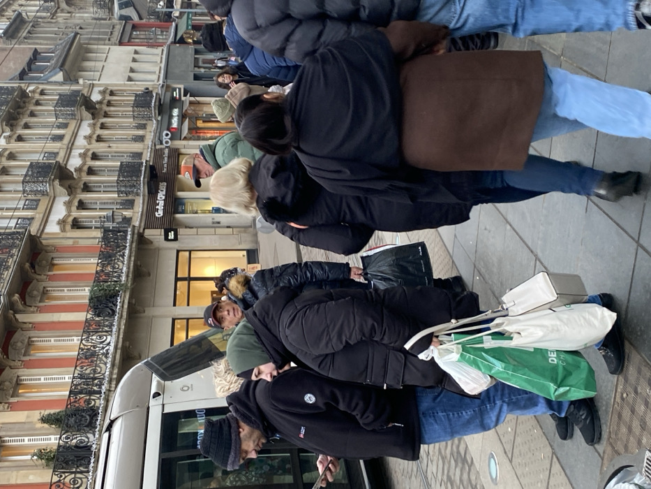 This photograph captures a busy street scene in Strasbourg, France, showing a crowd of people on a sidewalk next to a road with a bus or tram. The image is composed vertically, with the ground appearing on the right side and buildings on the left, implying an original upright orientation with people walking or standing on a street.
The foreground and midground are dominated by numerous individuals, mostly adults, dressed in heavy winter coats and jackets, suggesting cold weather. Many wear hats, including beanies and a baseball cap. Several people are carrying shopping bags of various sizes and colors, including a prominent green bag with "DE" visible on it, a white tote bag, a smaller white purse, and black plastic bags. One man in the immediate foreground, wearing a black beanie and a black jacket, is looking down at a cell phone in his hands. Another individual near the center holds a large brown shoulder bag.
On the left side of the image, ornate European-style buildings with multiple stories and decorative balconies line the street, indicating an older urban architectural style. Shopfronts are visible at street level below these buildings. Visible text on signs includes "C&A" and "Opticiens" on one shop, and "Carrefour City" on another, partly obscured. A white bus or tram is visible on the far left, parked or moving slowly, with its side windows and part of its roof showing.
The scene depicts a typical daytime urban environment, possibly during a shopping period, given the number of bags. The lighting appears soft and diffused, suggesting an overcast day. The overall impression is one of everyday life in a bustling European city.