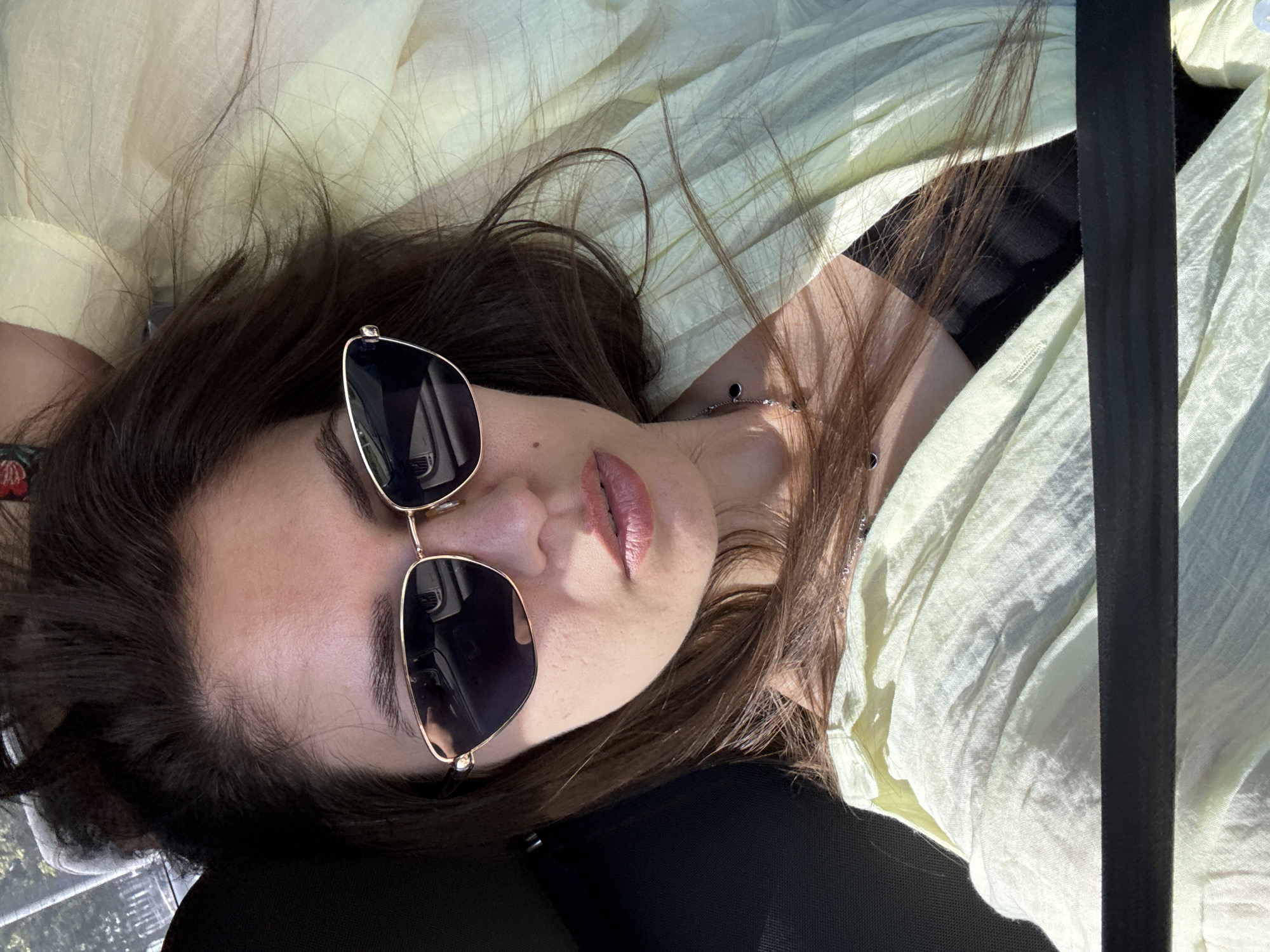 A young woman with dark brown hair and light skin is shown from the chest up, wearing sunglasses and a light yellow top. She is sitting in a vehicle, as indicated by the seatbelt across her chest and the dark interior visible. The background shows an out-of-focus view of trees and foliage, suggesting an outdoor environment. The lighting indicates it is daytime, with sunlight casting shadows and highlighting the textures of her clothing and hair.