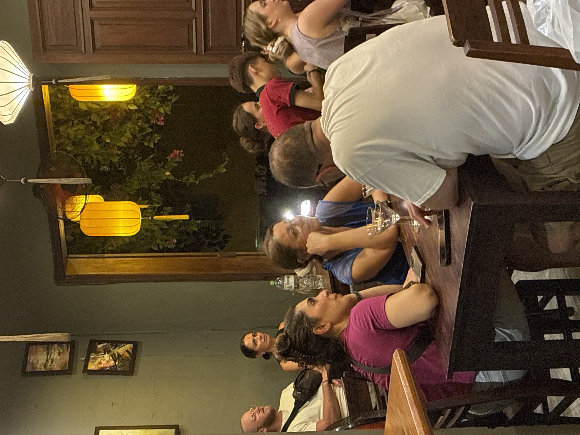 A group of people are seated at a wooden table in a restaurant setting. The scene is oriented vertically. A woman with dark hair and a pink shirt is seated closest to the viewer. Other people are visible at the table, including a woman in a blue shirt and a man in a white shirt. The table has glasses and a phone on it. Behind the diners, there's a view of foliage through a window with hanging yellow lanterns. In the background, there's a wall with framed artwork and a cabinet above the window. The location is Hội An Ward, Vietnam.