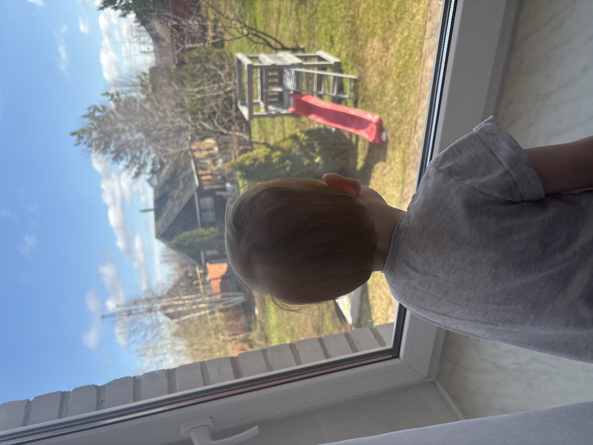 A young child in a gray T-shirt stands by a window, gazing outside. The outdoor scene visible through the window includes a grassy yard, a wooden playset with a red slide, a building, and trees. The sky is blue with clouds. The location is Ферма, Russia.