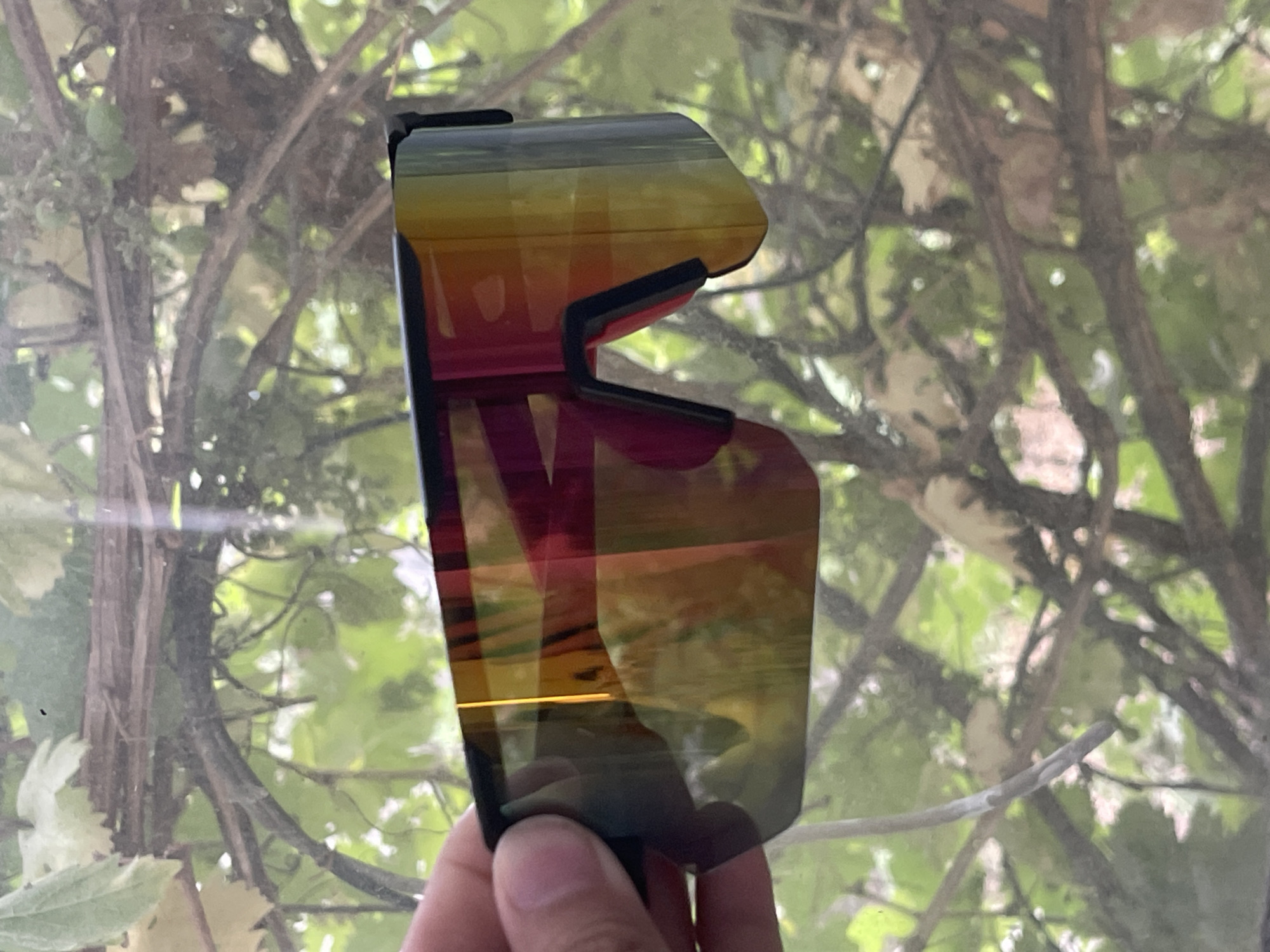 A hand holds a pair of wrap-around sunglasses with mirrored, multi-colored lenses in front of a blurred background of green foliage and branches, possibly indicating an outdoor environment. The sunglasses have a black frame and appear to be a modern, sporty style. The background suggests a natural setting, with sunlight filtering through the leaves. No specific location in Bishkek City, Kyrgyzstan, can be identified from the image.