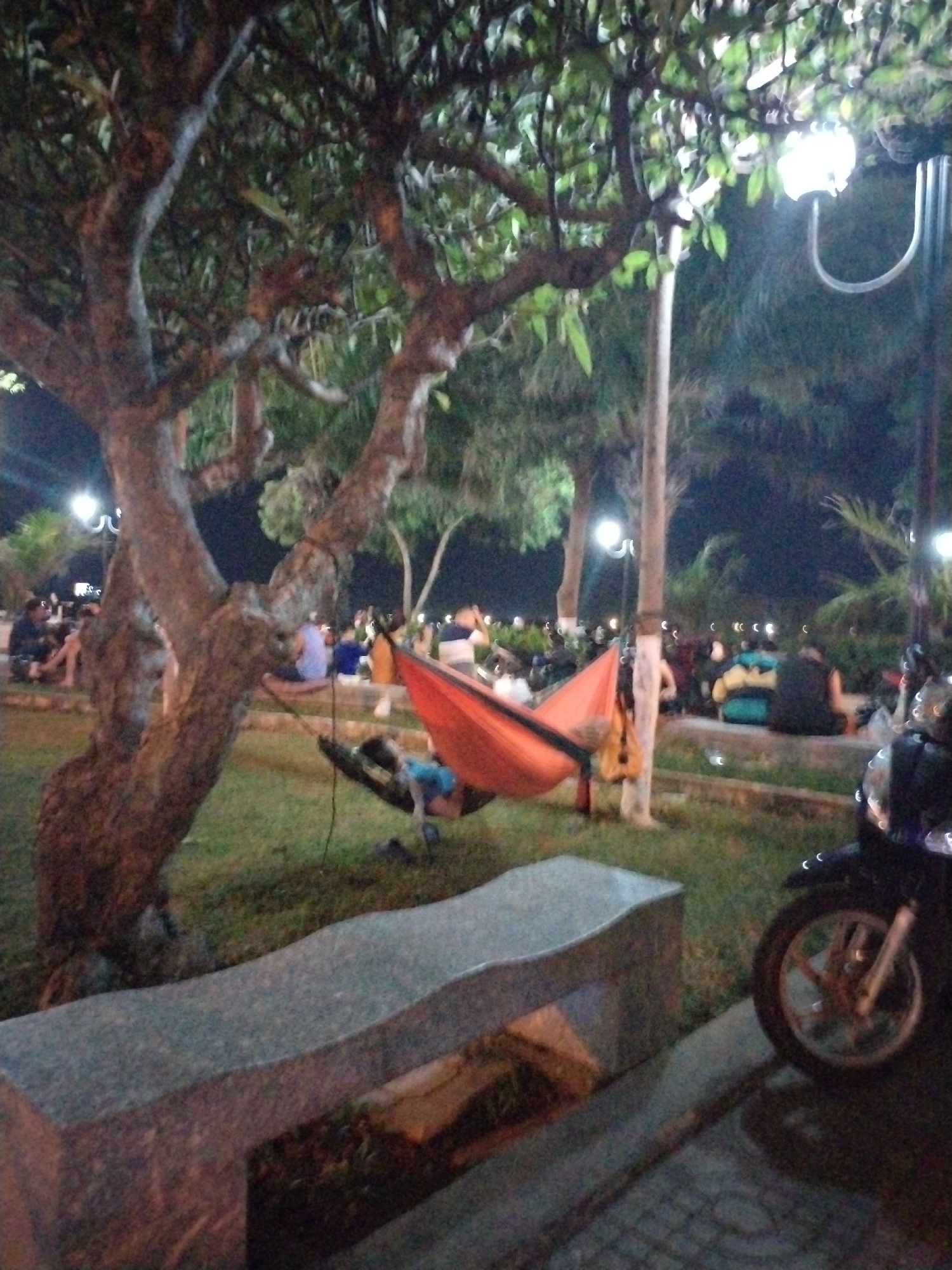 A nighttime scene in Nha Trang Ward, Vietnam shows a public park with people relaxing. A large tree dominates the left side, its branches reaching overhead. An orange hammock hangs between trees, occupied by an individual. Several people are seated on a low wall in the background, engaging in conversation. A parked motorcycle is visible on the right side of the image. A stone bench is in the foreground. Streetlights illuminate the scene.