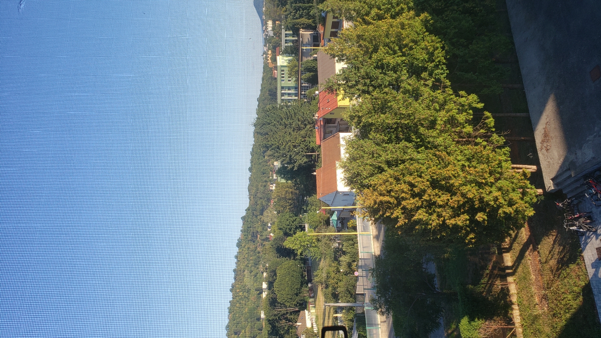 The image captures a view of a residential area in Prešov, Slovakia, seen through a window screen. The sky is a clear, bright blue. In the mid-ground, a cluster of houses with various roof colors, including red, yellow, and brown, are visible amidst lush green trees. Some of these houses have white or light-colored facades. Further in the background, a few larger, multi-story buildings, one of which is light green, are situated on a gently sloping hill covered in dense foliage. The foreground shows a paved area with several bicycles parked, and a shadow cast by a building falls across the scene. The overall impression is a serene, sunny day in a suburban or semi-urban environment.