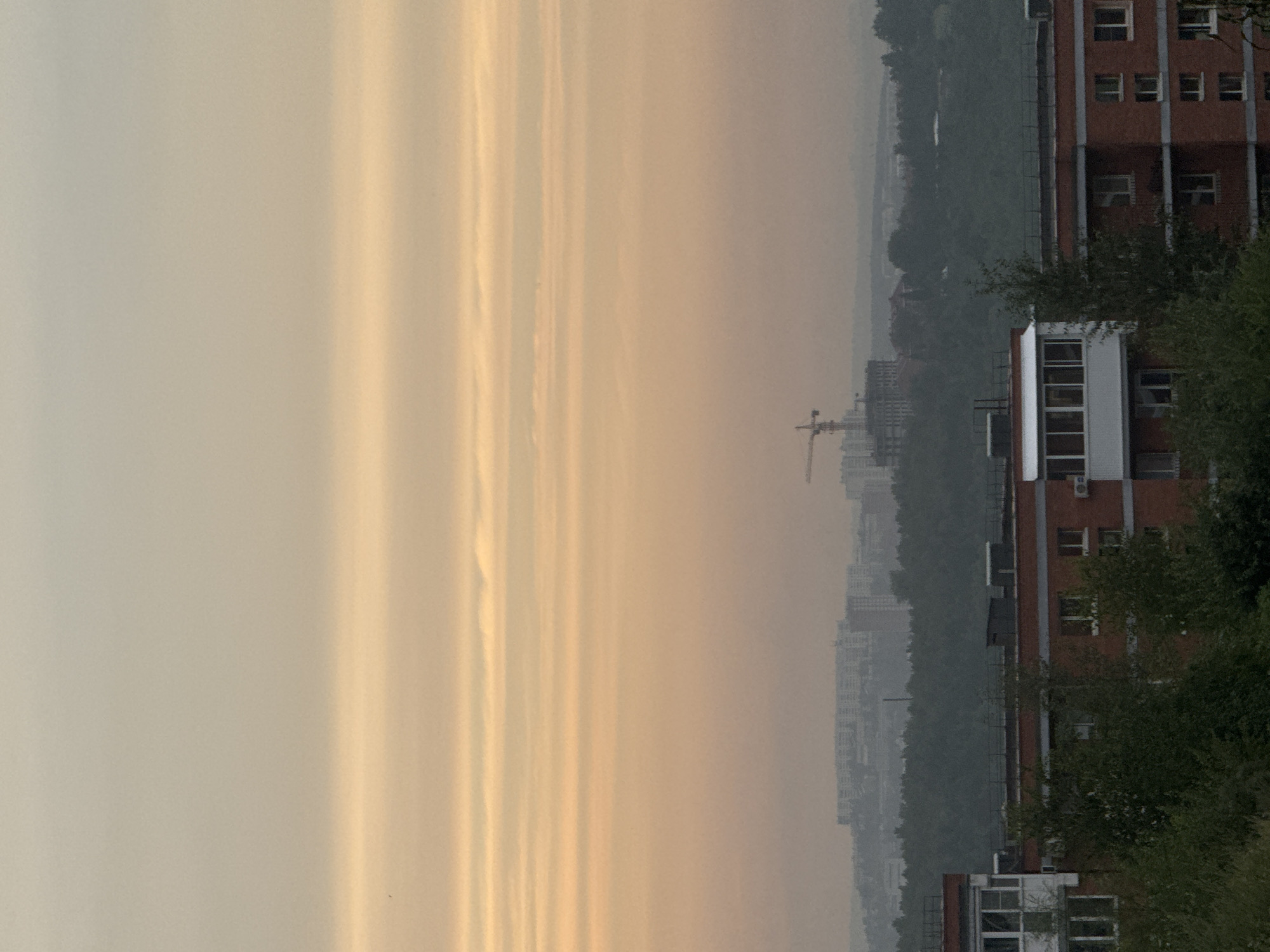 The image depicts a cityscape with a hazy, overcast sky. The scene is dominated by tall, multi-story buildings constructed from brick and concrete. One prominent building on the right is made of red brick with white trim around the windows. In the distance, a construction crane is visible against the sky, suggesting ongoing development or renovation in the area. The overall impression is that of a densely populated urban environment partially obscured by atmospheric conditions.
The time of day appears to be either dawn or dusk, given the soft, diffused light and the warm, golden hues in the sky. The weather seems to be hazy or possibly smoky, as the sky is not clear and the distant cityscape is indistinct. The presence of trees and greenery interspersed among the buildings indicates that this is likely a city with parkland or natural areas within its bounds. The image conveys a sense of quietness and possibly a slight melancholy due to the muted colors and hazy atmosphere.
There is no visible text in the image. The scene is likely located in Markova, Russia, as indicated by the provided context, suggesting a Russian urban setting. The focus is on the architecture and the atmospheric conditions rather than any specific activity or people.