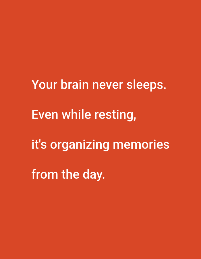 The image is a text-based graphic with a solid orange background. The text, in white sans-serif font, reads: "Your brain never sleeps. Even while resting, it's organizing memories from the day." There is no discernible connection to Lagos, Nigeria, or any specific location within a city. The image depicts only text on a plain background.
