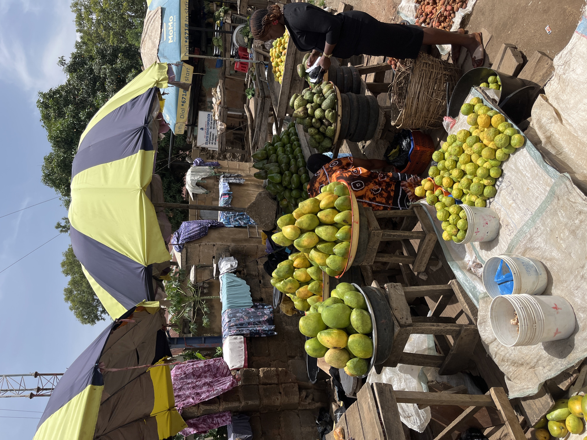 The image shows a bustling outdoor market scene, likely in Jos, Nigeria, given the signage referencing JOS Water Services Corporation. A woman in a black dress stands near a display of fruit, possibly making a purchase or taking notes. She is surrounded by wooden structures supporting baskets and containers overflowing with mangoes and other fruits. Another person is sitting behind a display of avocados. Yellow and blue striped umbrellas provide shade over parts of the market. Hanging clothes are attached to a brick wall in the background. Plastic buckets and burlap sacks are also visible.