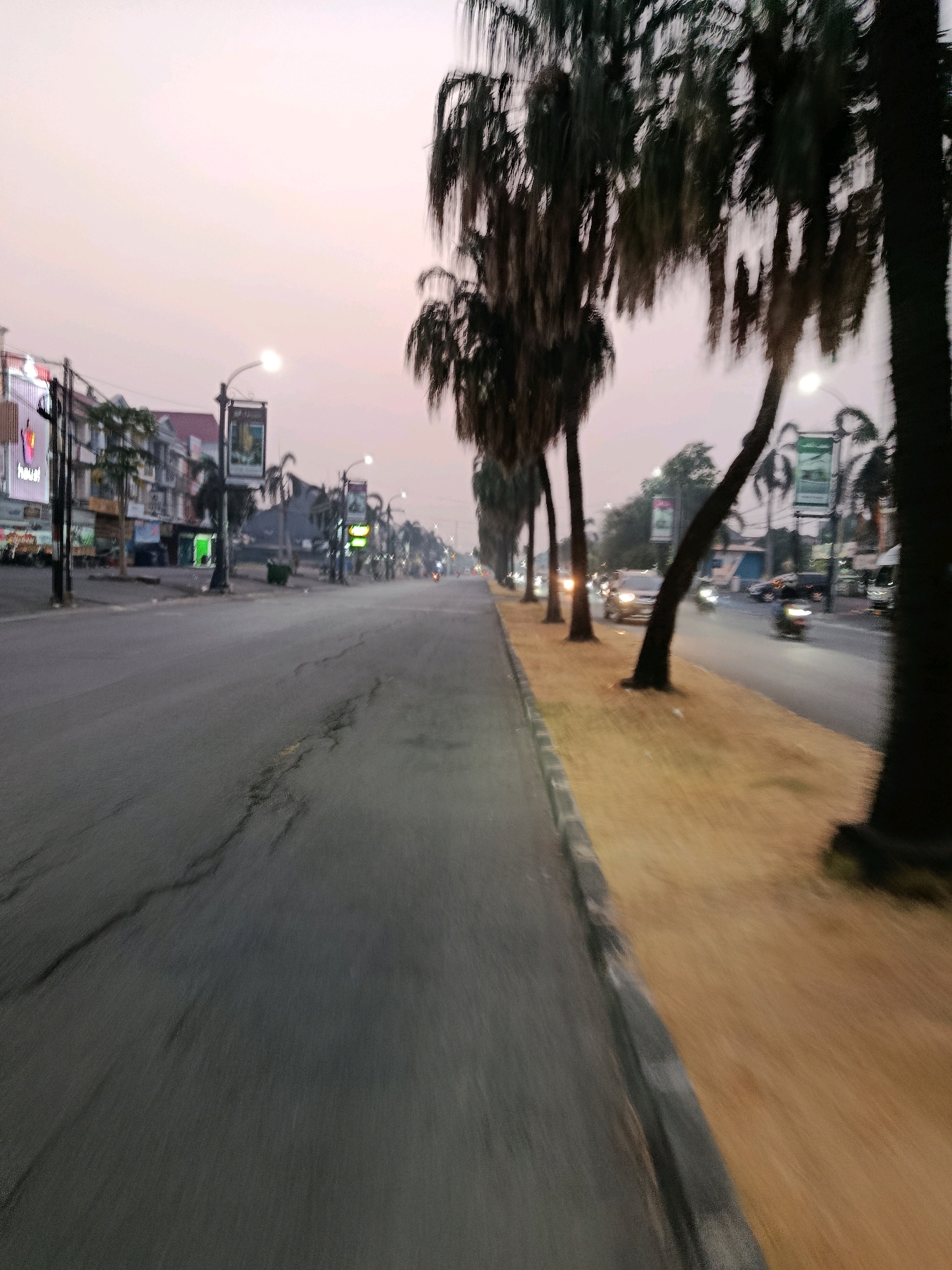 A street view of a wide asphalt road in Bekasi, Indonesia, under a dusky sky. Palm trees line the right side of the road, their fronds blurred due to motion. Buildings with illuminated signs are visible on the left. Several cars and a motorcycle are present on the road, with headlights on, suggesting it is either early morning or late evening. The road surface shows cracks. A grassy strip with a concrete curb separates the road from the palm trees and buildings.