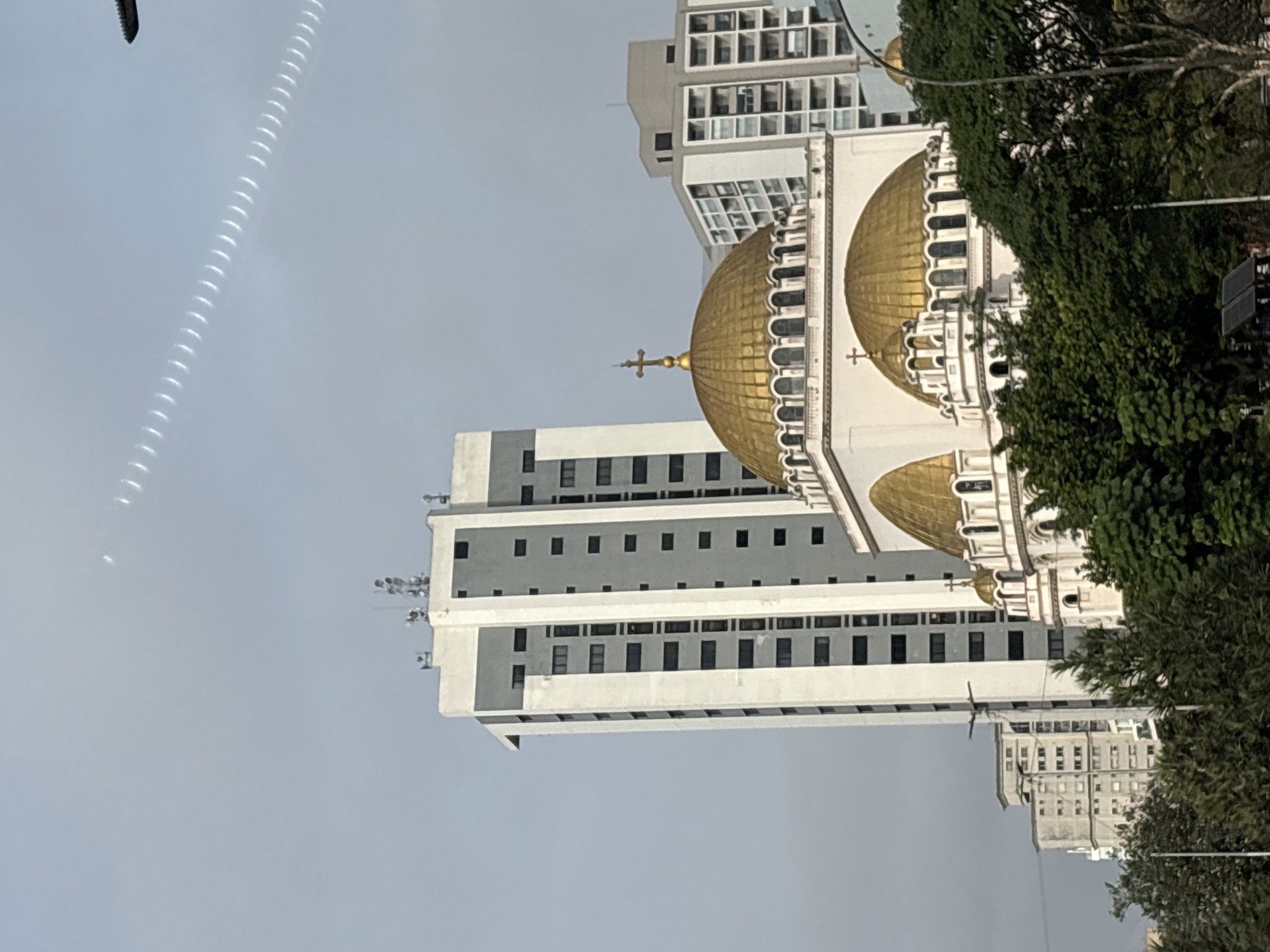 This is a photograph of the Catedral Ortodoxa de São Paulo, also known as the Catedral Metropolitana Ortodoxa de São Paulo, located in the Aclimação neighborhood of São Paulo, Brazil. The image captures the cathedral's prominent golden domes and intricate architecture, set against a backdrop of modern city buildings and lush green trees.
The cathedral, with its white facade and ornate gold domes topped with crosses, is the central focus of the image. The largest dome is visible in the foreground, showcasing arched windows and decorative elements. To the left of the cathedral, a tall, modern apartment building with a white and grey exterior and numerous dark windows stands prominently. Further in the background, other residential buildings and a glimpse of a street light can be seen. Dense green foliage from trees partially obscures the lower portion of the cathedral and the surrounding area, suggesting a park or tree-lined street. The sky is overcast and a pale grey, with a series of faint, bright streaks that appear to be reflections or lens flares. There are no people visible in the image.