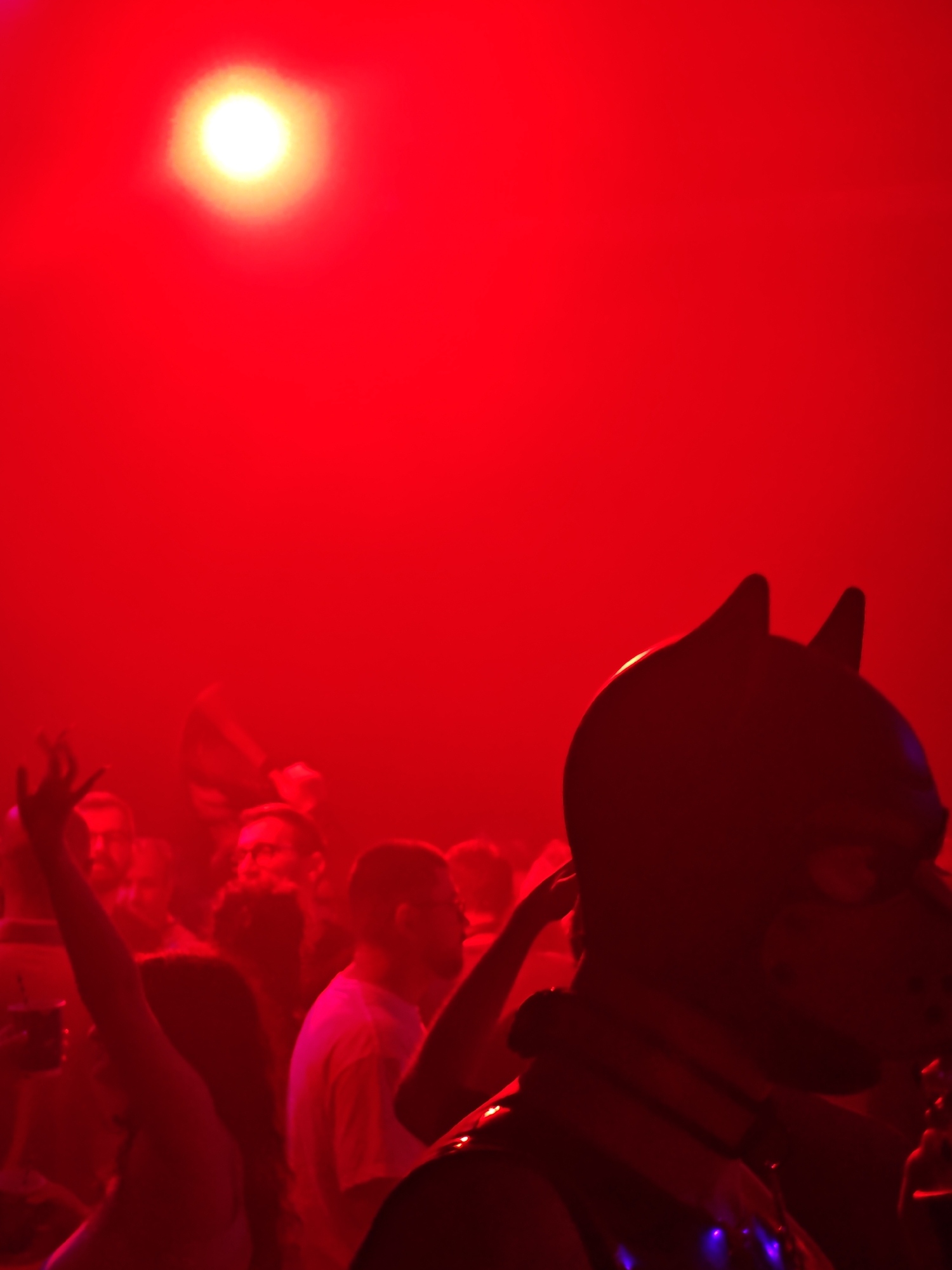 The image captures a dimly lit indoor scene, likely a nightclub or party, illuminated by intense red lighting. A prominent, dark silhouette of a person wearing a costume that resembles a dog or bat mask with pointed ears dominates the right side of the frame. In the background, a crowd of people is visible, also in silhouette due to the lighting conditions. Some individuals have their hands raised, suggesting they are dancing or engaged in an activity. A bright, diffused light source, possibly a spotlight or strobe, shines from the upper left quadrant, casting a red glow over the entire scene and creating a hazy atmosphere. The setting appears to be an urban environment, specifically within the city of Sofia, Bulgaria, given the context of the request. The overall impression is one of a vibrant, energetic social gathering under dramatic lighting.