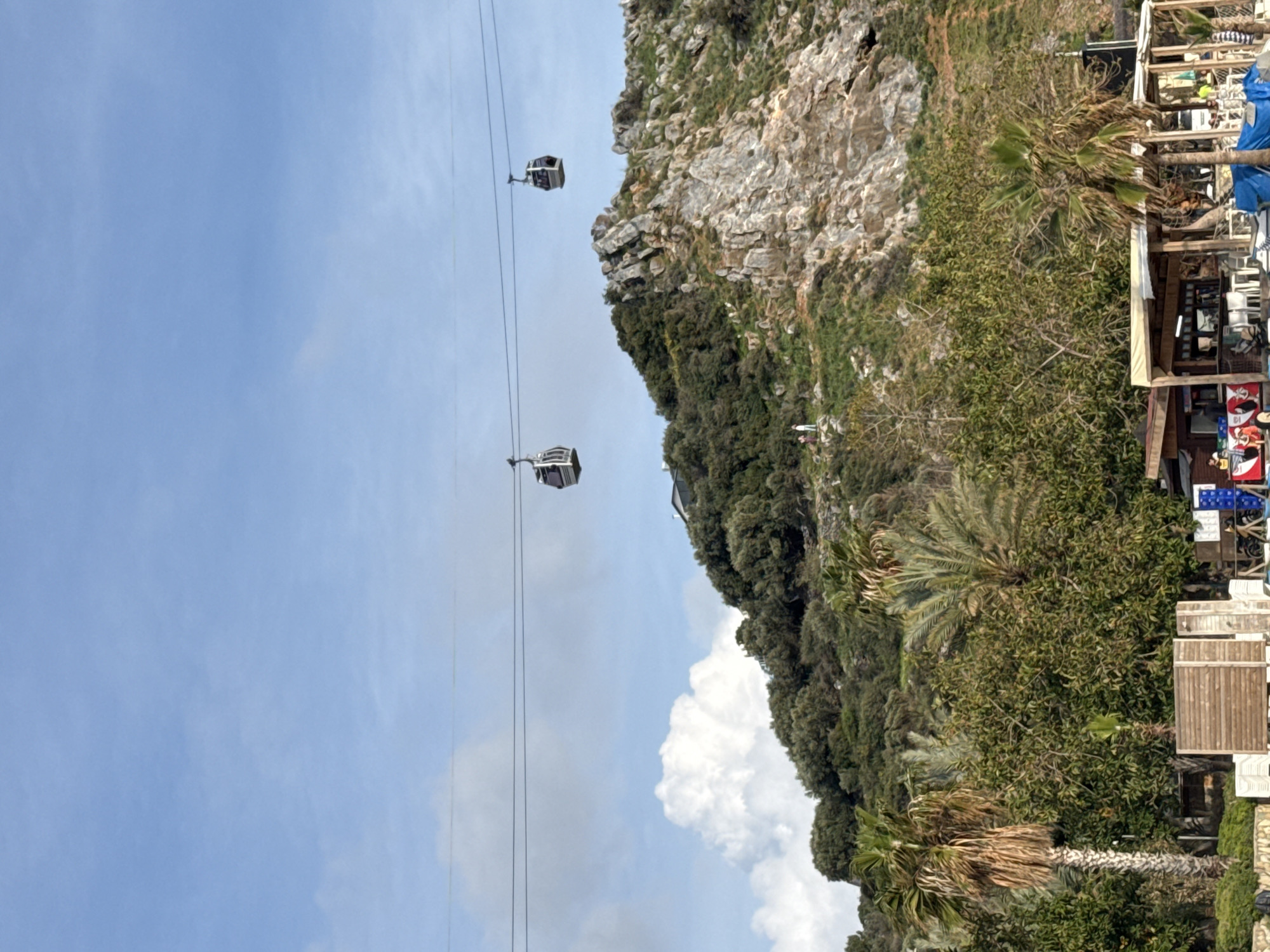 This image depicts a sunny outdoor scene in Alanya, Turkey, specifically featuring the area near Kleopatra Beach and the ascent towards Alanya Castle. The upper half of the frame shows a clear blue sky with scattered white cumulus clouds. Two silver-colored cable car cabins are visible, suspended by wires, traversing across the upper middle portion of the image against the backdrop of a large, verdant hill. The hill's upper slopes exhibit significant rocky outcrops of grey and brown stone, interspersed with dense green vegetation, including numerous trees and bushes.
On a small, vegetated plateau on the lower-left slope of the hill, two individuals are visible standing. The lower half of the image features lush green foliage, including several prominent palm trees with dried fronds, positioned in the foreground and mid-ground.
In the lower right quadrant, several low-rise, open-air structures are present, consistent with beachside cafes or bars. These structures incorporate wooden elements, white awnings, and contain tables and chairs. Near these structures, blue tarpaulins cover items, and stacked blue crates are visible. A bicycle leans against one structure. Towards the lower-center, a wooden shed-like structure is situated, with white lounge chairs stacked nearby. A small, red and white cart is partially visible near the leftmost foreground structure.